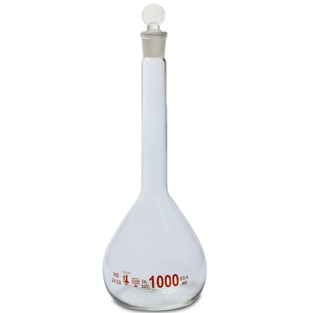 Karter Scientific 1000ml Volumetric Flask with Ground Stopper | Class A Borosilicate Glass, Flat Bottom, Accurate at +20°C - main product image