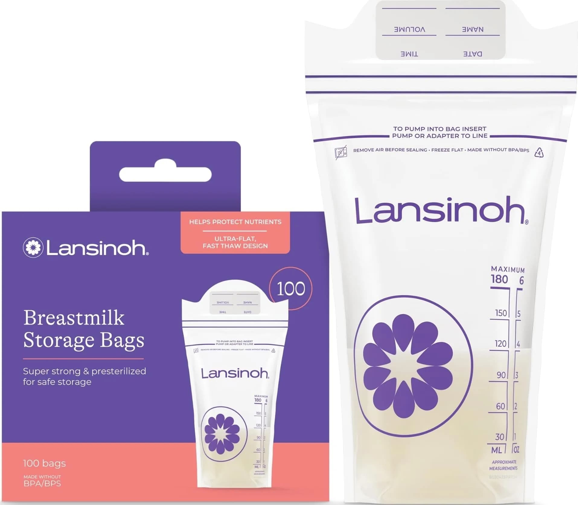 Lansinoh Breastmilk Storage Bags 6 Ounce (177ml) 100 Count | BPA/BPS Free, Double Zipper Leak-Proof - main product image