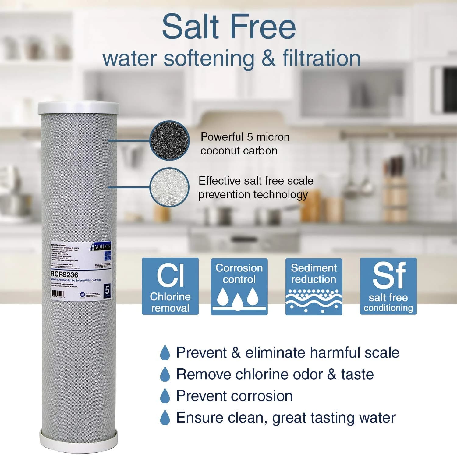 AQUIOS Aquios OEM RCFS236 Jumbo Water Softener/Filtration Replacement Cartridge | 45,000 Gallon Capacity, NSF 42 Certified, Salt-Free Water Conditioning