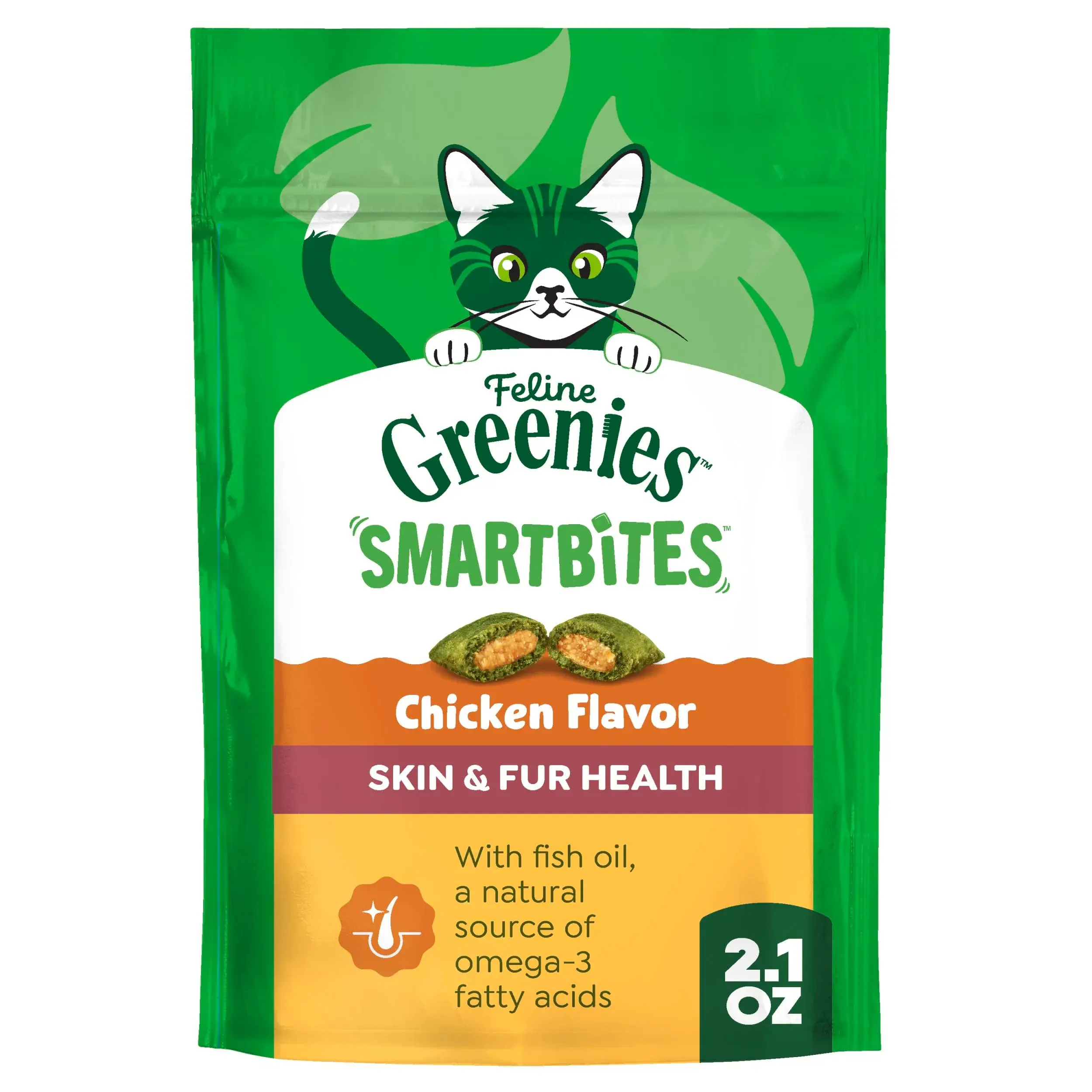 Greenies Feline Smartbites Skin & Fur Health Cat Treats, Chicken, 2.1 oz (60 g) | Vet-Designed for Healthy Skin & Fur - main product image