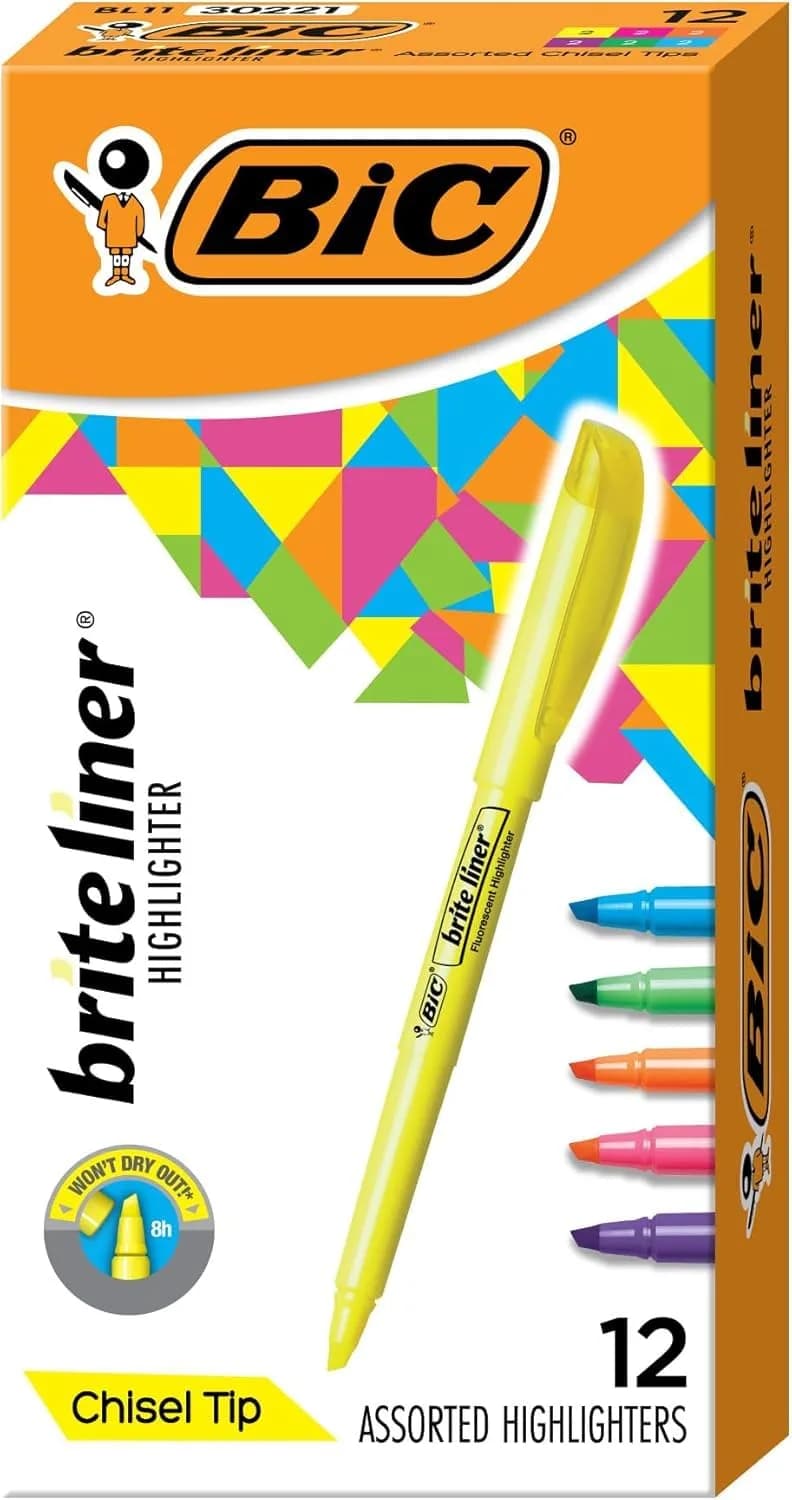 BIC Brite Liner Highlighters 12-Count Pack Assorted Colors | Long-Lasting, Safe for School