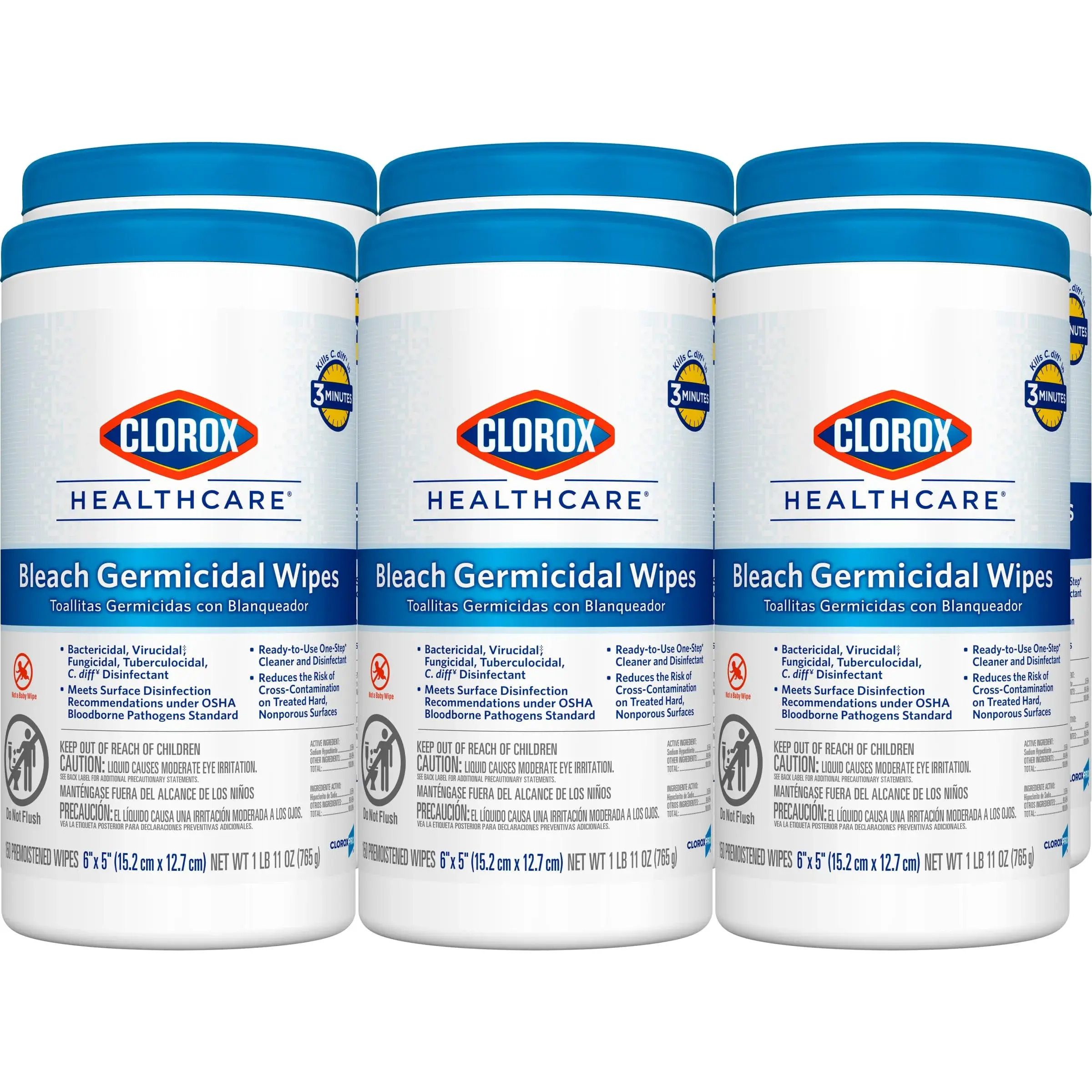 Clorox Healthcare Bleach Germicidal Disinfecting Wipes, 150 Ct., 6 Pk. | Fast-Acting Hospital-Grade Surface Disinfection - main product image