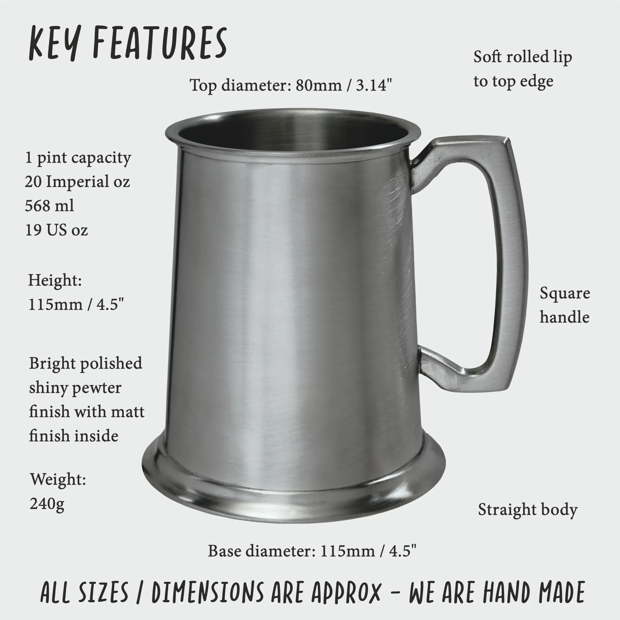 Wentworth Pewter 1 Pint Tankard - Antique Finish British Drinkware, Made in UK