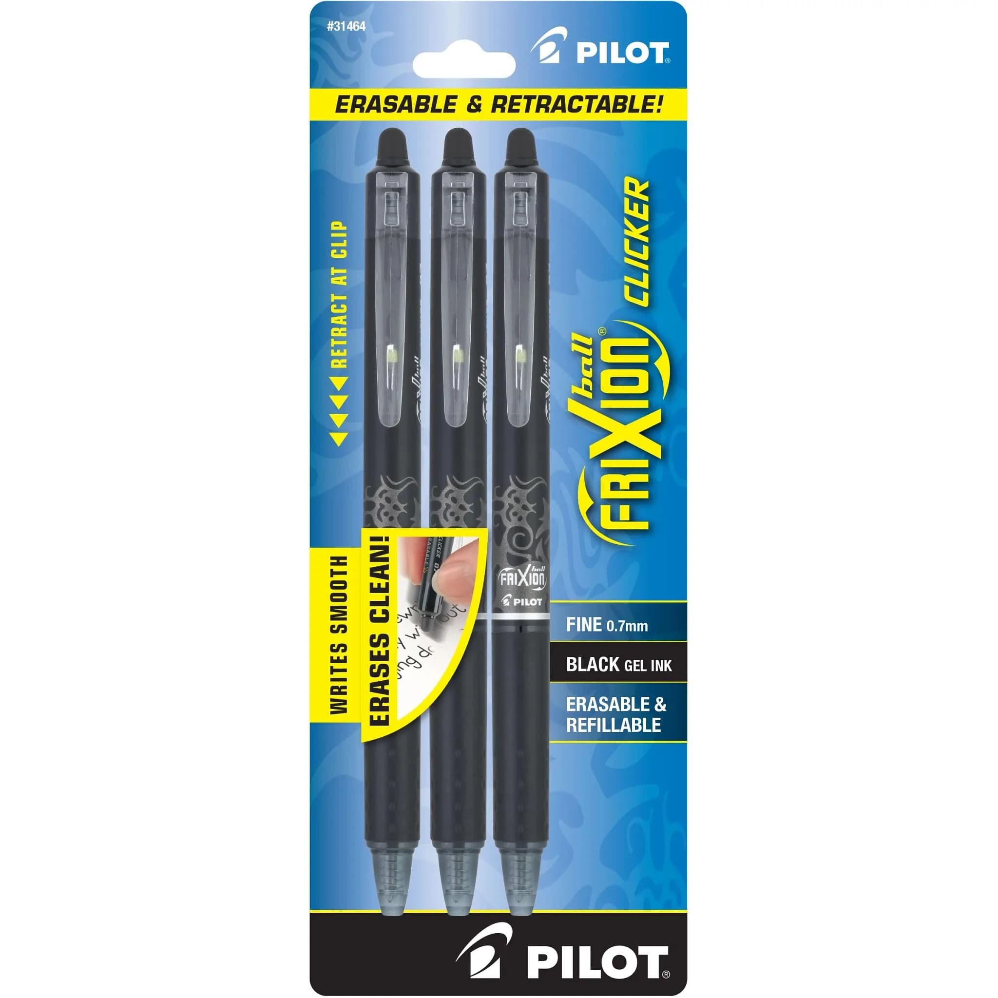 PILOT FriXion Clicker Erasable Pens, Fine Point 0.7mm, Black Ink, 3-Pack | Smooth Writing Gel Pens for Students & Office - main product image
