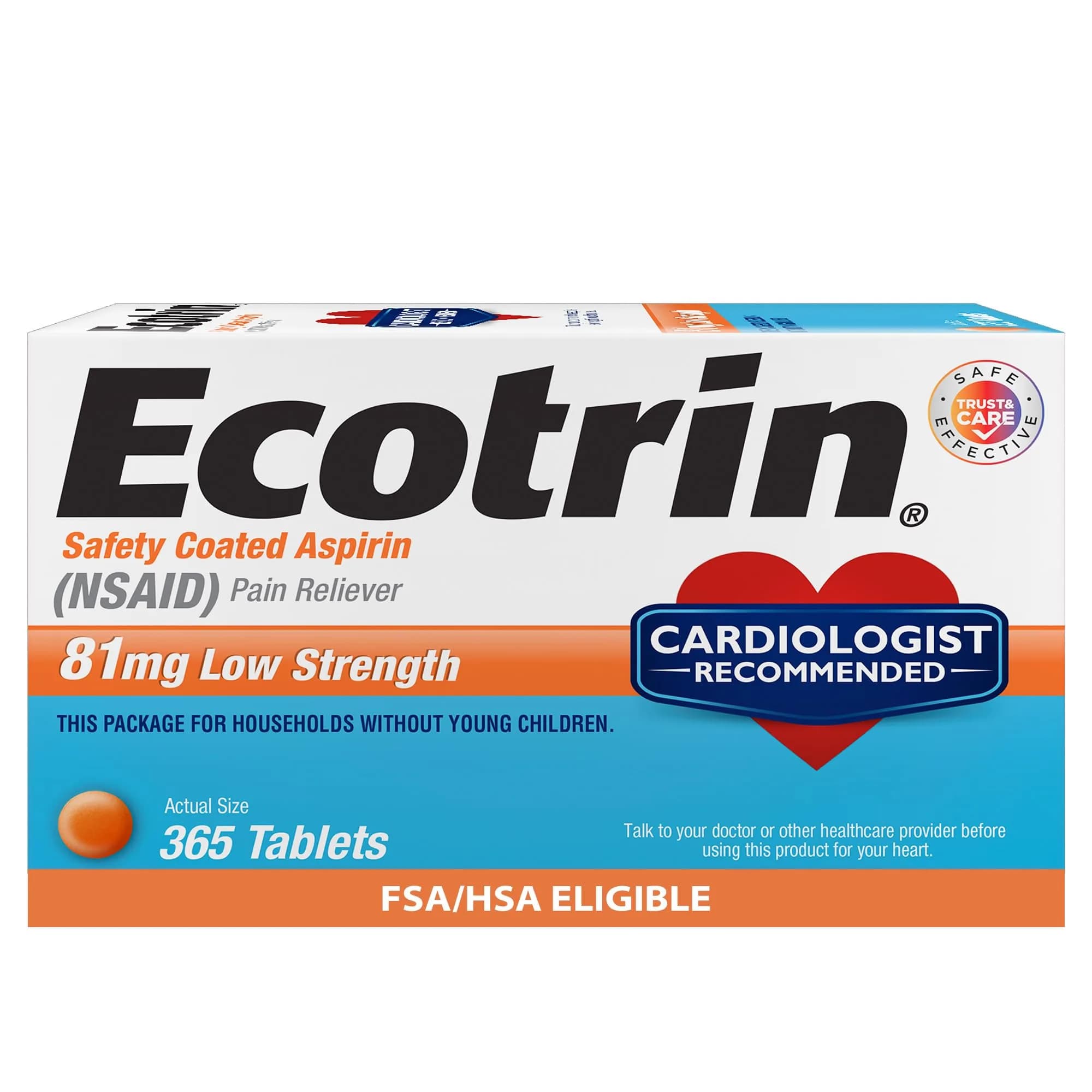Ecotrin Low Strength Aspirin 81mg | Heart & Stomach Safe, 365 Tablets