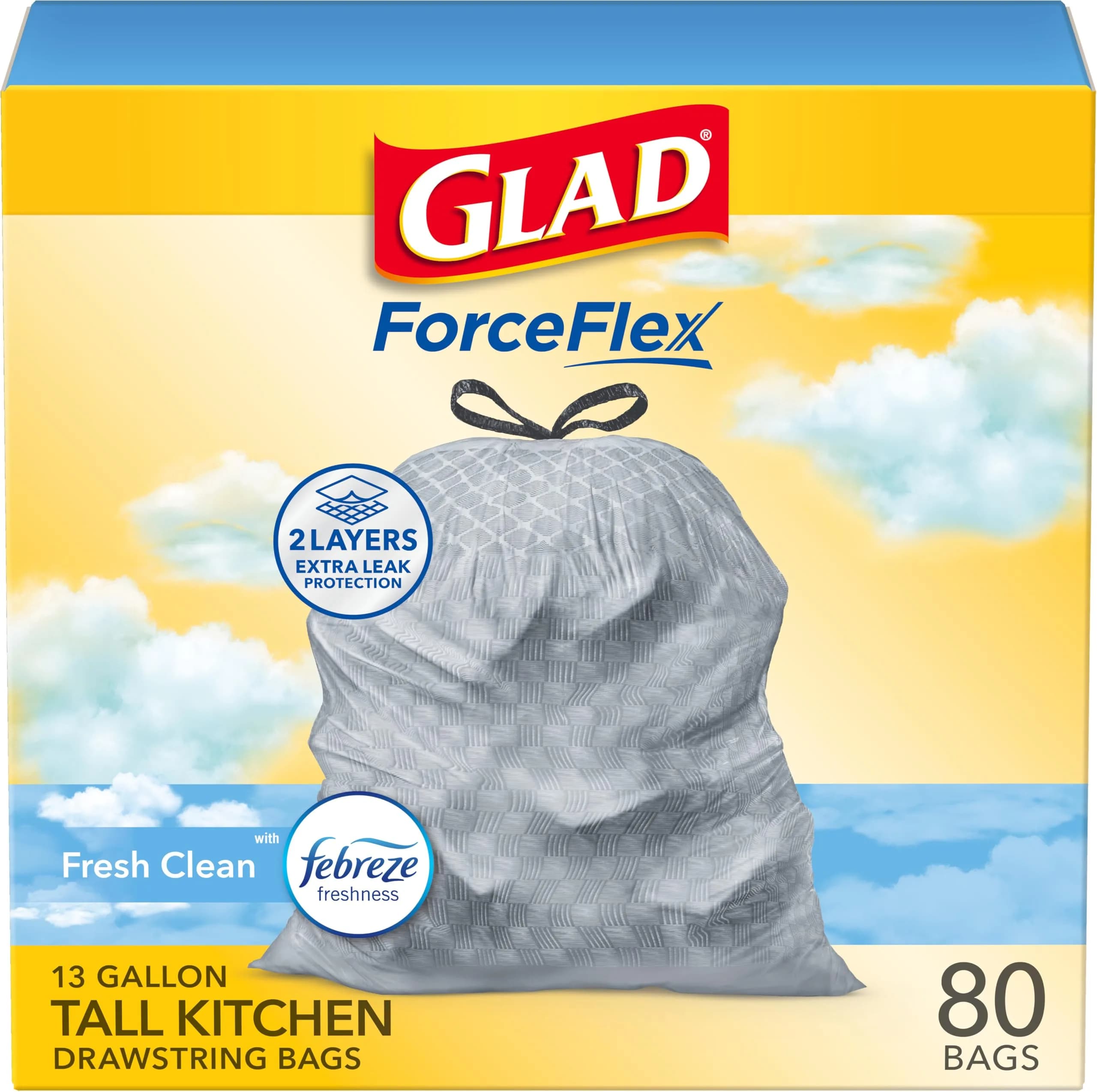 Glad ForceFlex Tall Kitchen Trash Bags, 13 Gallon, Fresh Clean Scent, 80 Count | Odor Control with Febreze - main product image