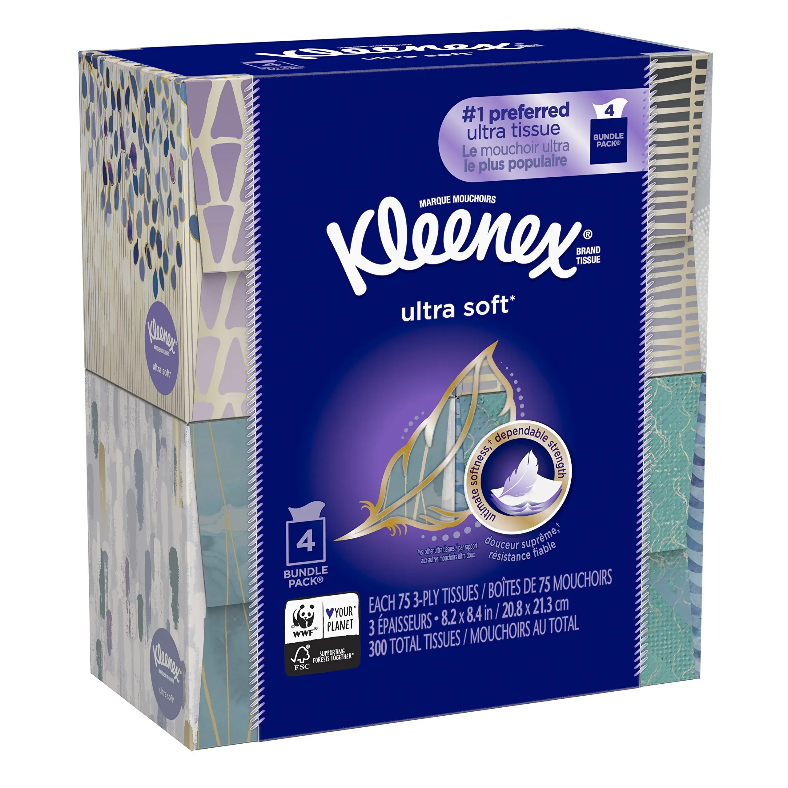 Kleenex Ultra Soft Facial Tissues, 3-Ply, White, 75 Tissues/Box (Pack of 4) | Gentle & Absorbent - main product image