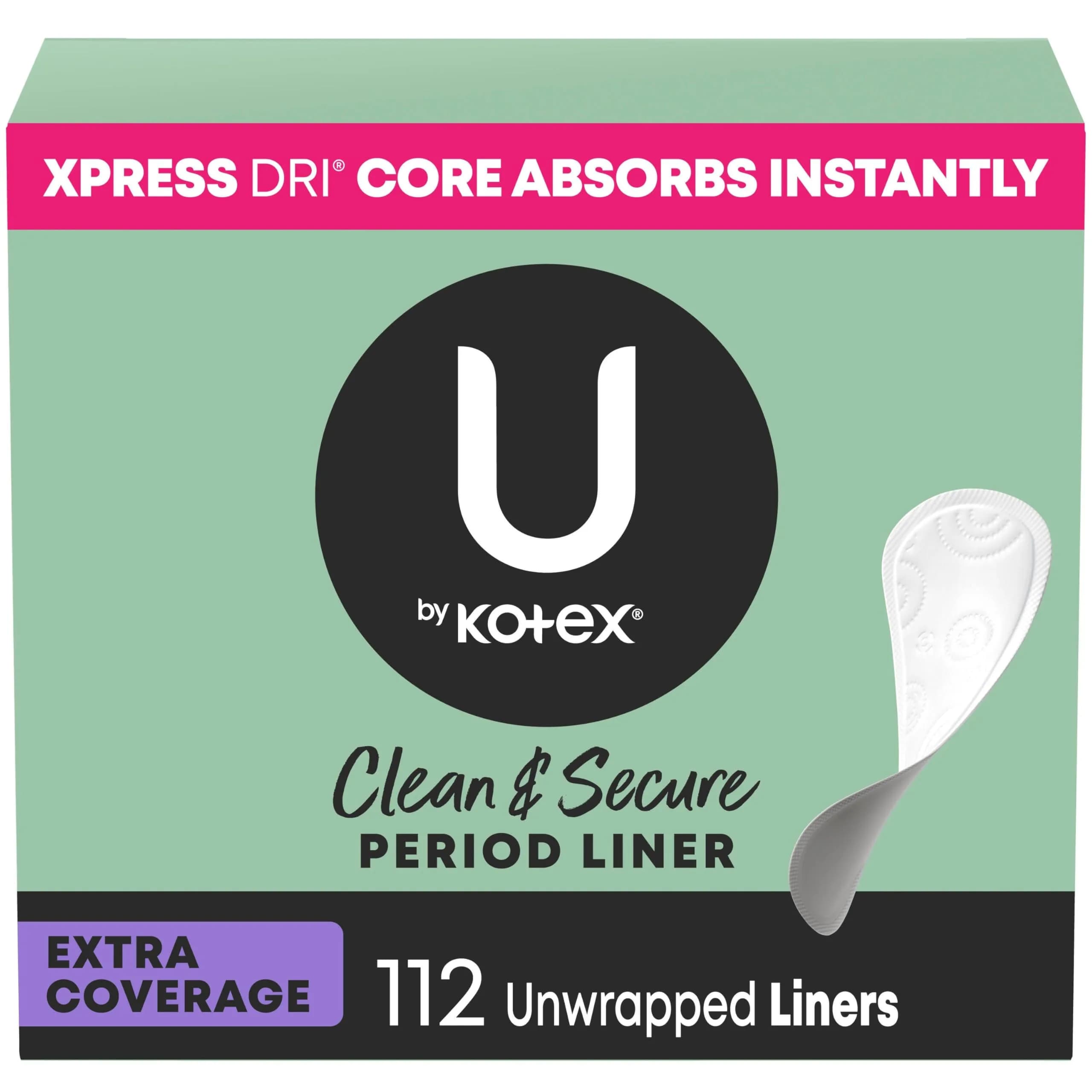 U by Kotex Clean & Secure Panty Liners, Extra Coverage, 112 Count | Hypoallergenic & Dermatologist-Tested
