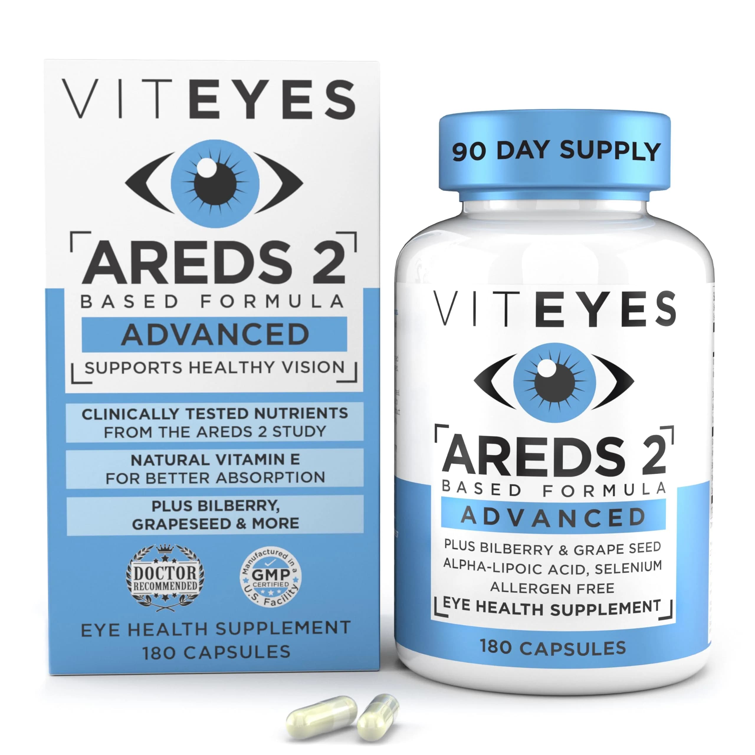 Viteyes AREDS 2 Advanced Eye Vitamins, Macular Support with Bilberry, Grape Seed, FloraGlo Lutein, Selenium, Natural Vitamin E, 180 Capsules