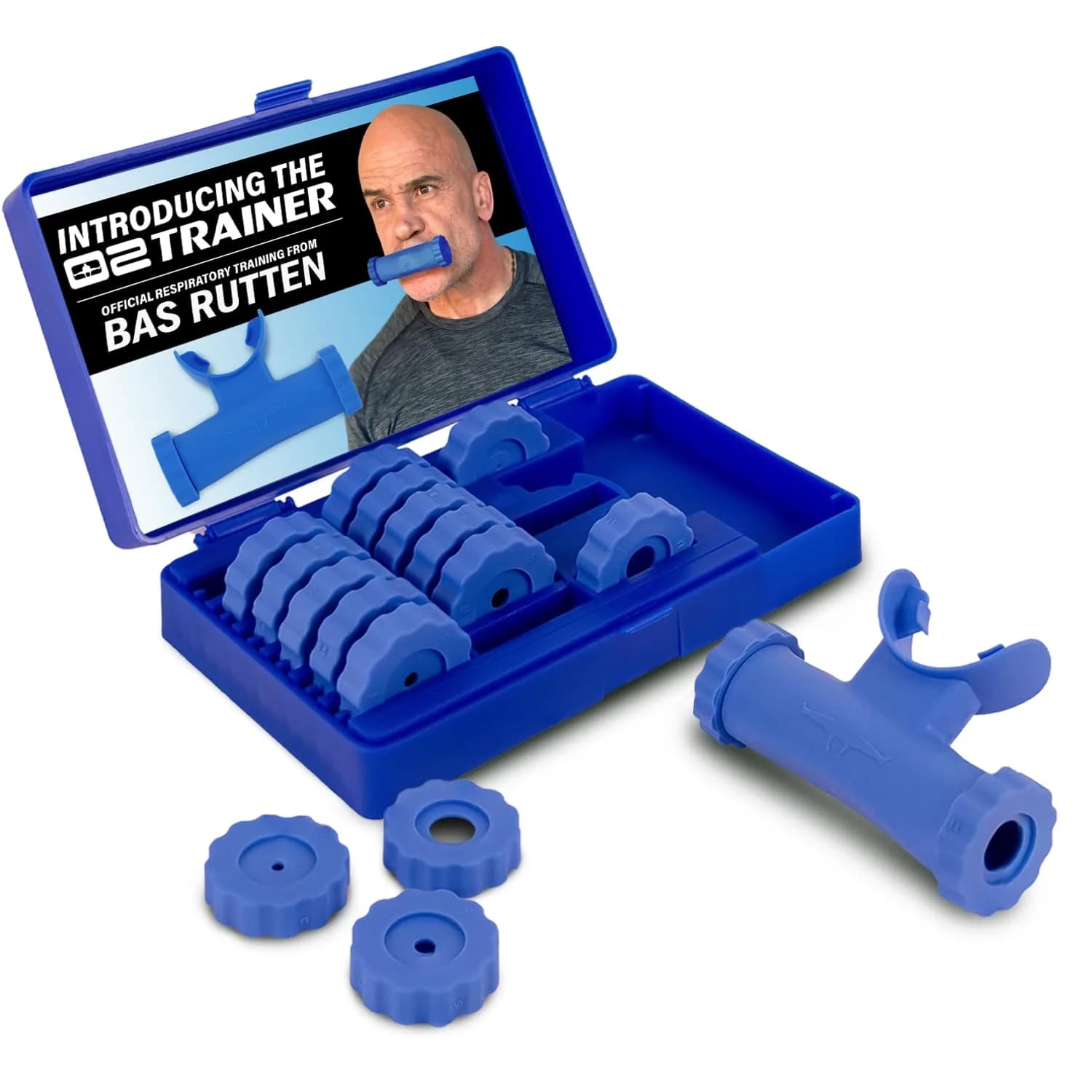 O2Trainer Breathing Muscle Trainer | Endurance & Lung Power for Athletes, Singers & High-Altitude | 16 Resistance Caps | Blue