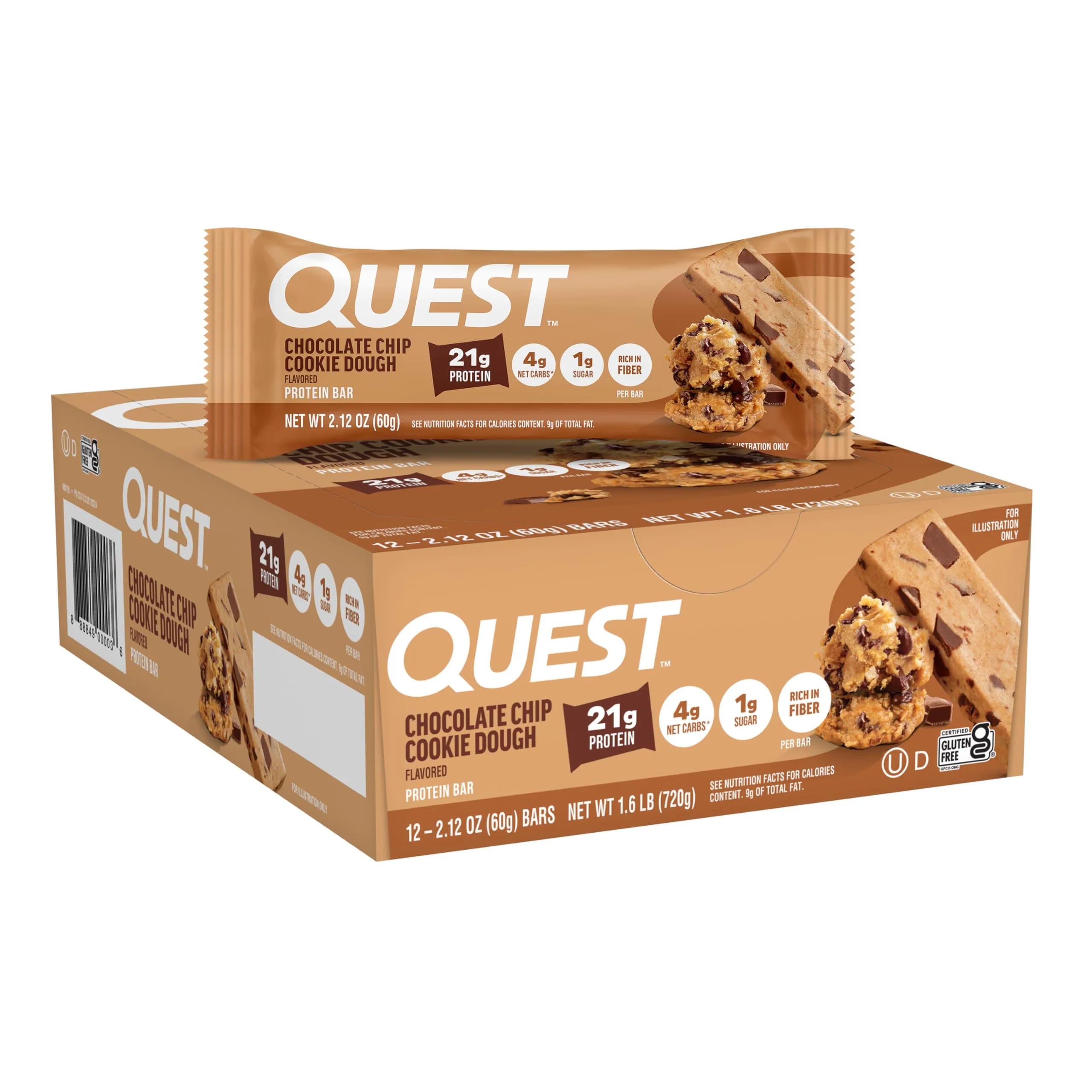 Quest Chocolate Chip Cookie Dough Protein Bars 12 Count | High Protein, Low Carb, Gluten Free, Keto Friendly - main product image