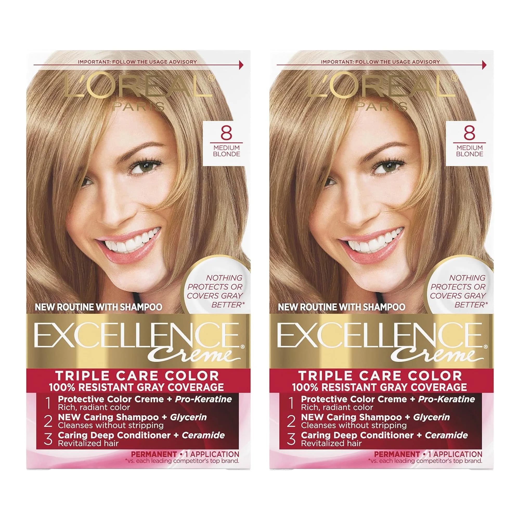 L'Oreal Paris Excellence Creme Permanent Hair Color 8 Medium Blonde | 2 Kit Pack, Rich Radiant Color