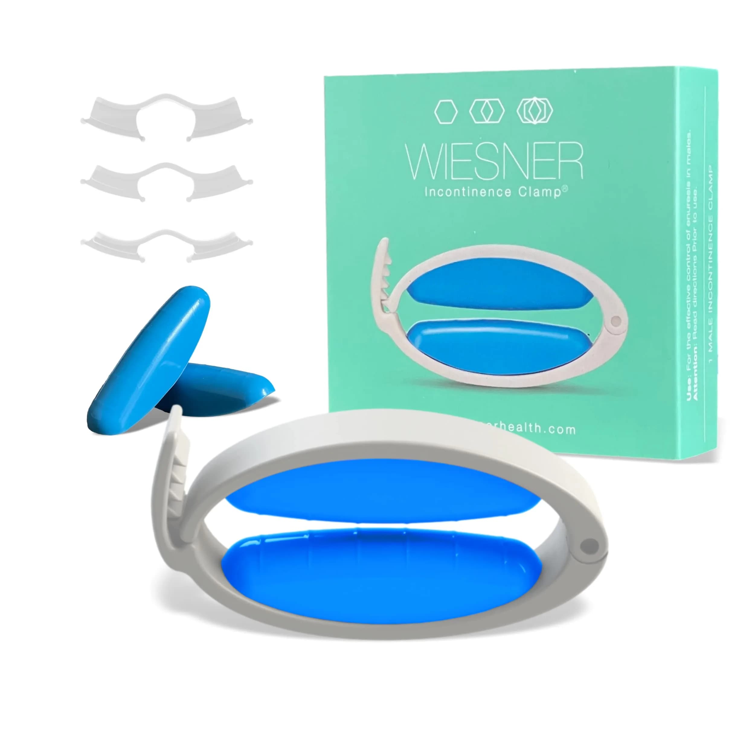 WIESNER Incontinence Clamp - Original Male Incontinence Clamp - 3 Adjustable Sizes - White With Blue Pads - main product image