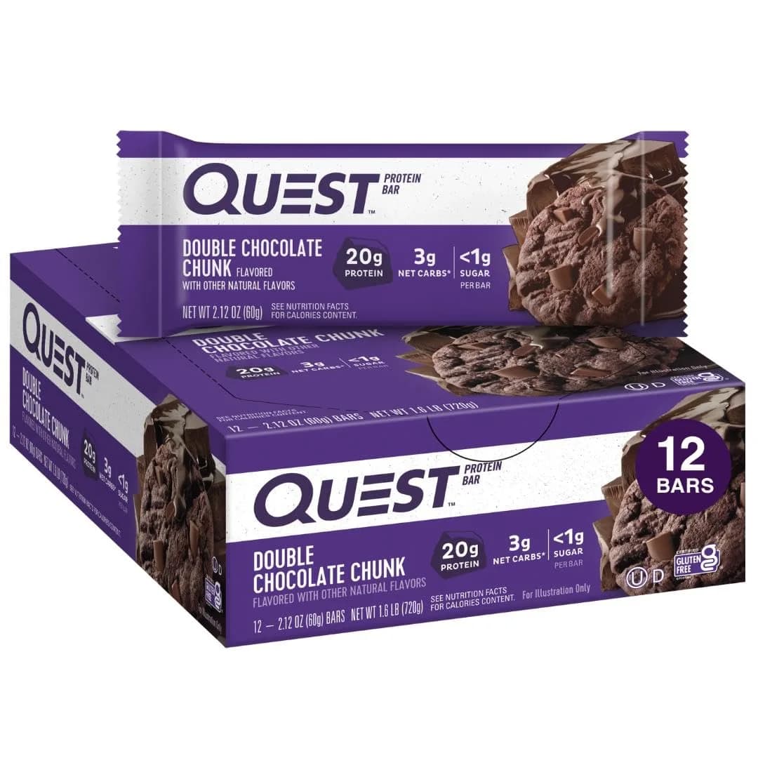 Quest Double Chocolate Chunk Protein Bars, 20g Protein, 1g Sugar, Gluten Free, Keto Friendly, 12 Count (2.12oz/60g each) - main product image