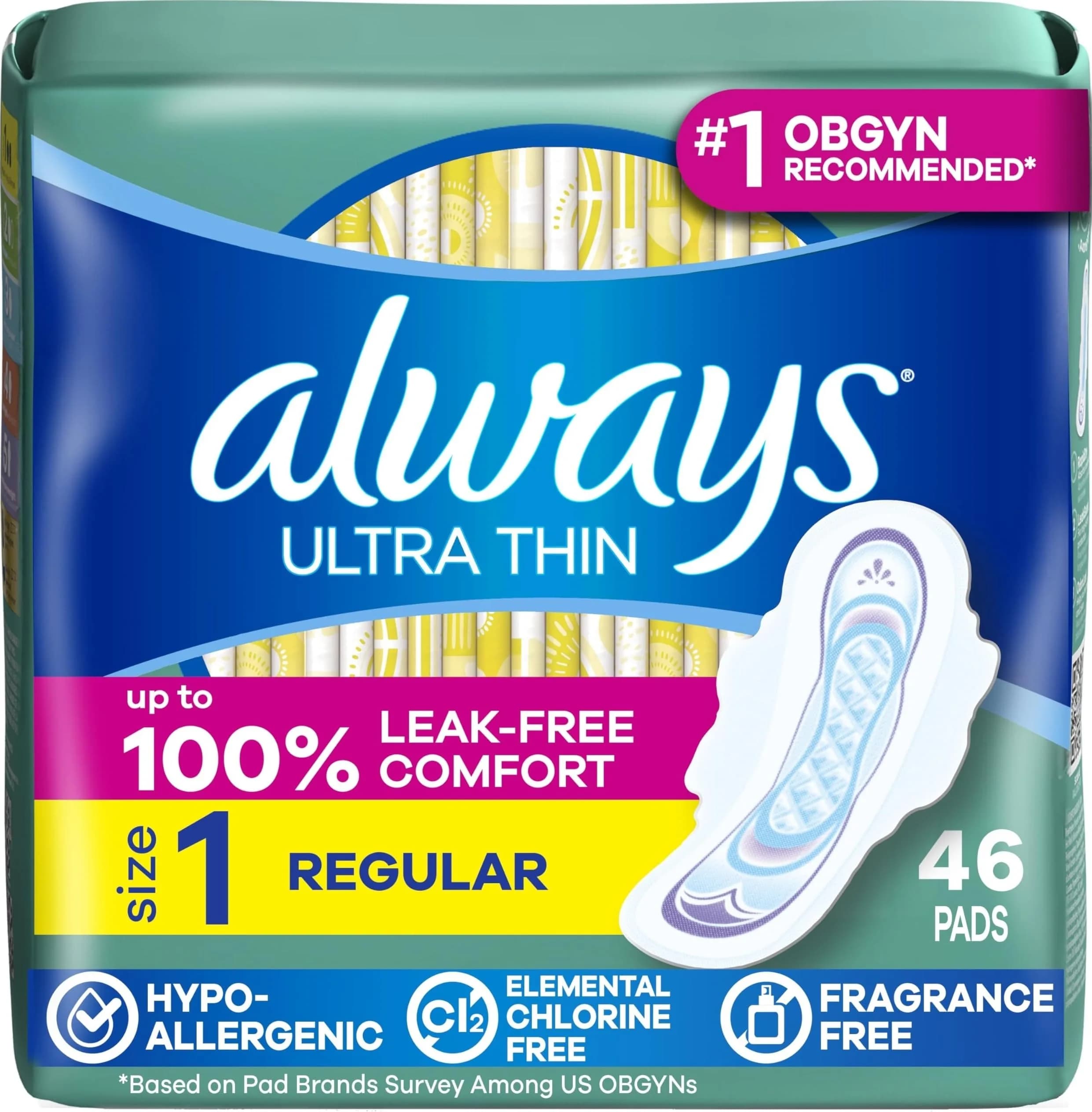 Always Ultra Thin Feminine Pads with Wings, Size 1 Regular Absorbency, Unscented, 46 Count | Up to 100% Leak-Free Protection - main product image