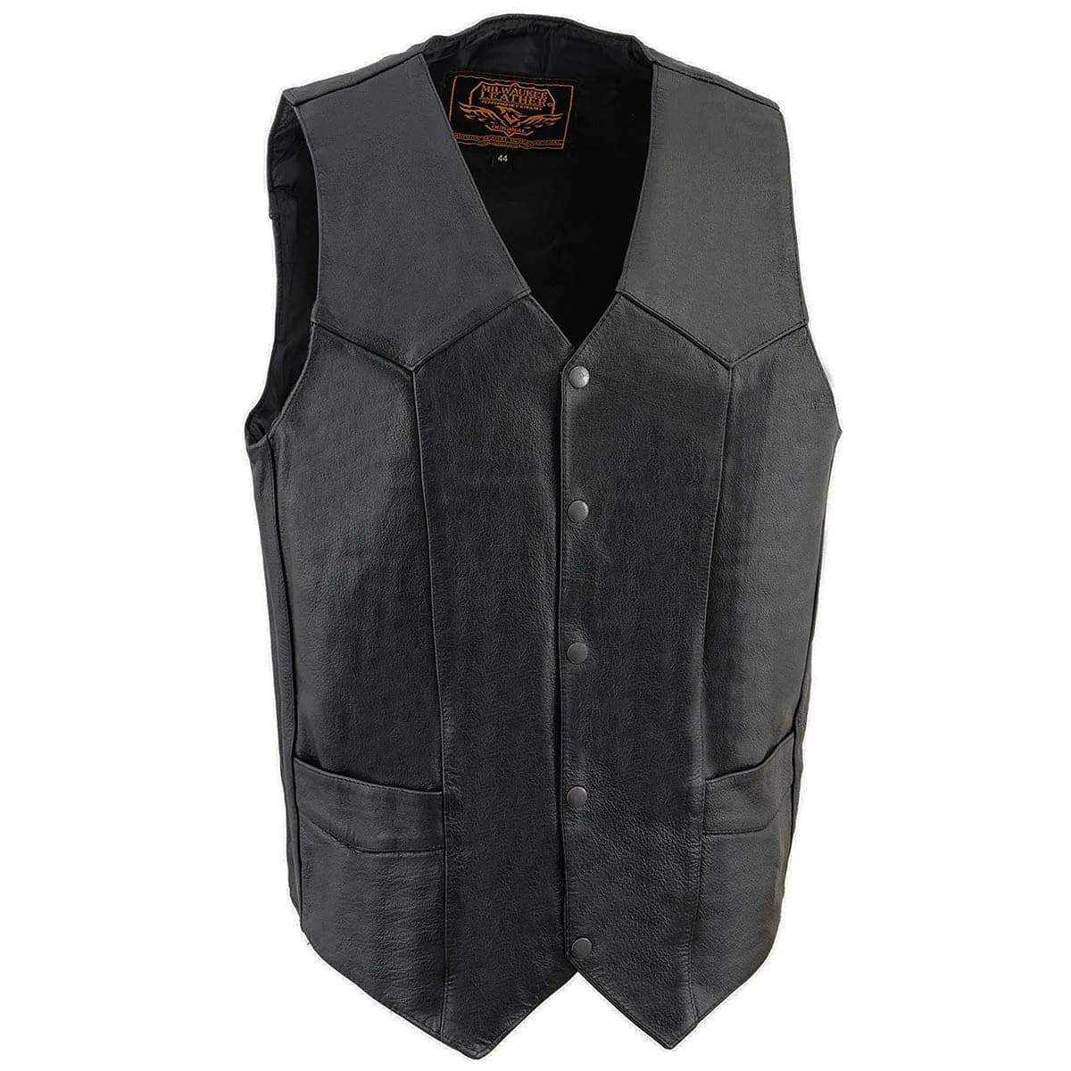 Milwaukee Leather SH1310 Men's Black Leather V-Neck Motorcycle Vest 64 | Classic Cowhide with Snap Closure