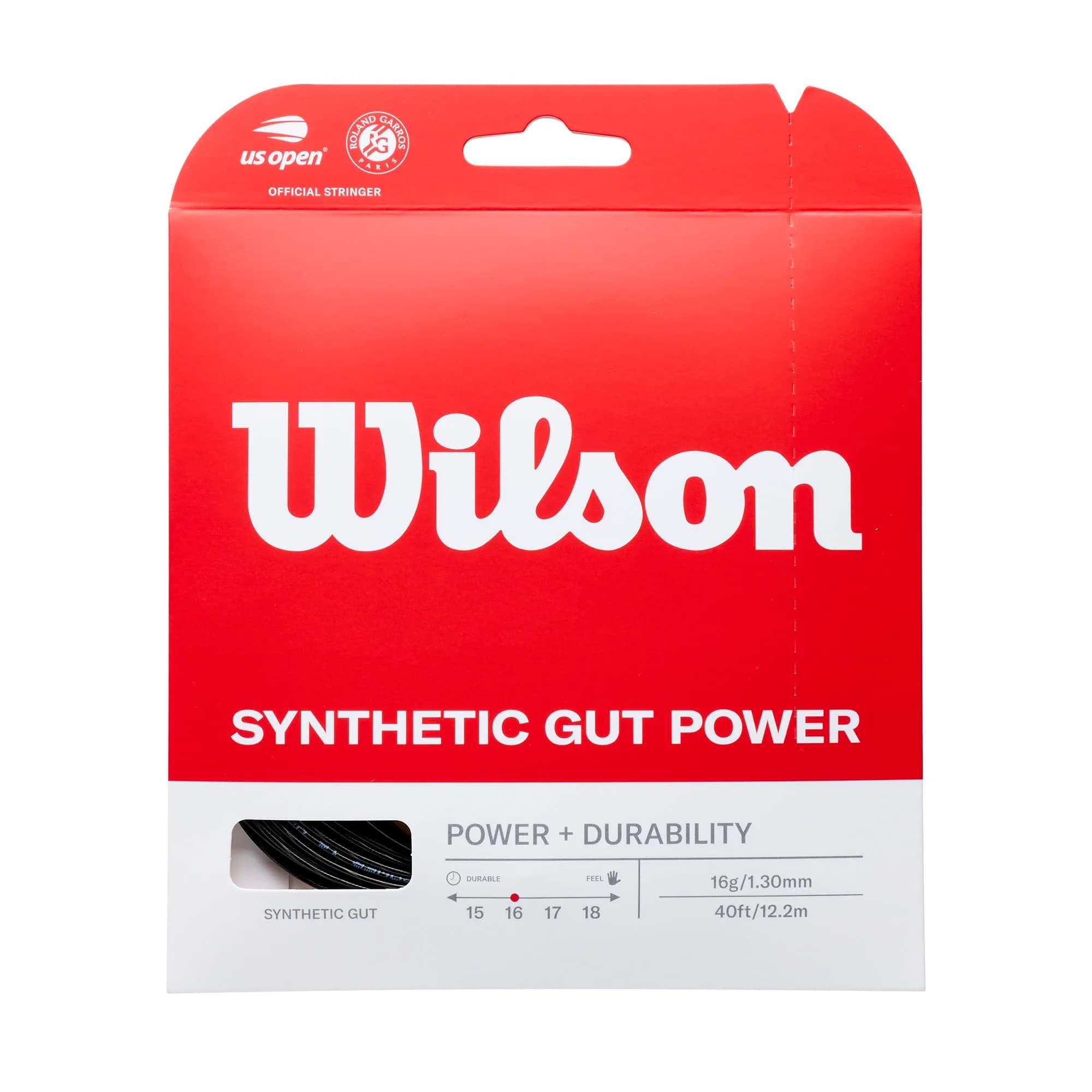 WILSON Synthetic Gut Power 16 Tennis String Set, Black, 16 | Responsive Synthetic Core for All Styles