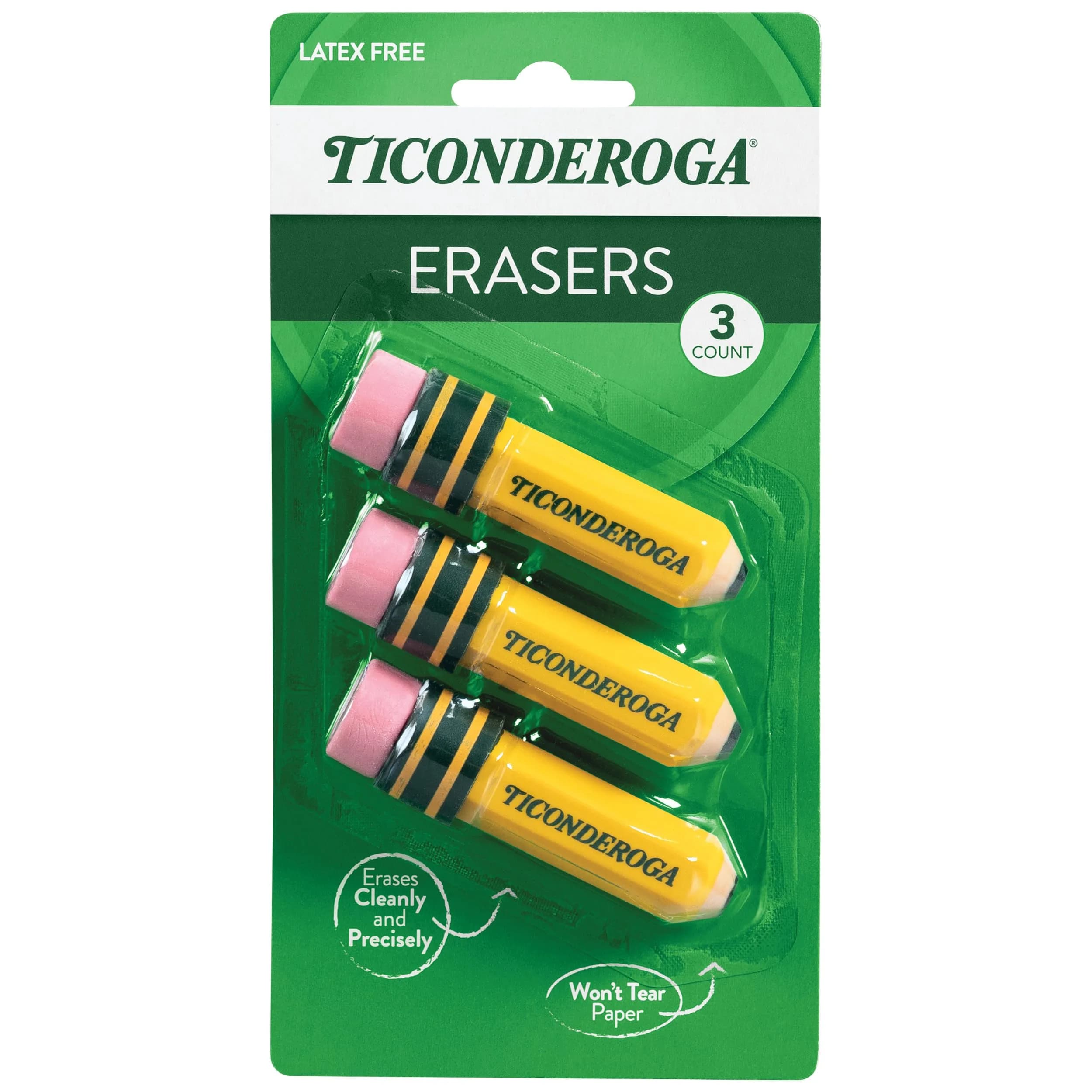 Ticonderoga Pencil Shaped Erasers, Yellow, 3 Count | Smudge-Resistant & Non-Toxic - main product image