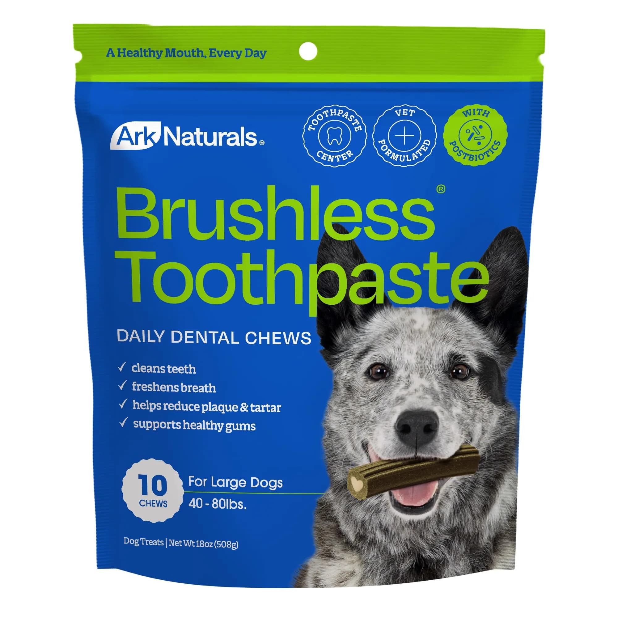 ARK NATURALS Brushless Toothpaste Dog Dental Treats - Large Breeds (10 ct) | 4-in-1 Plaque & Tartar Control, Breath Freshener