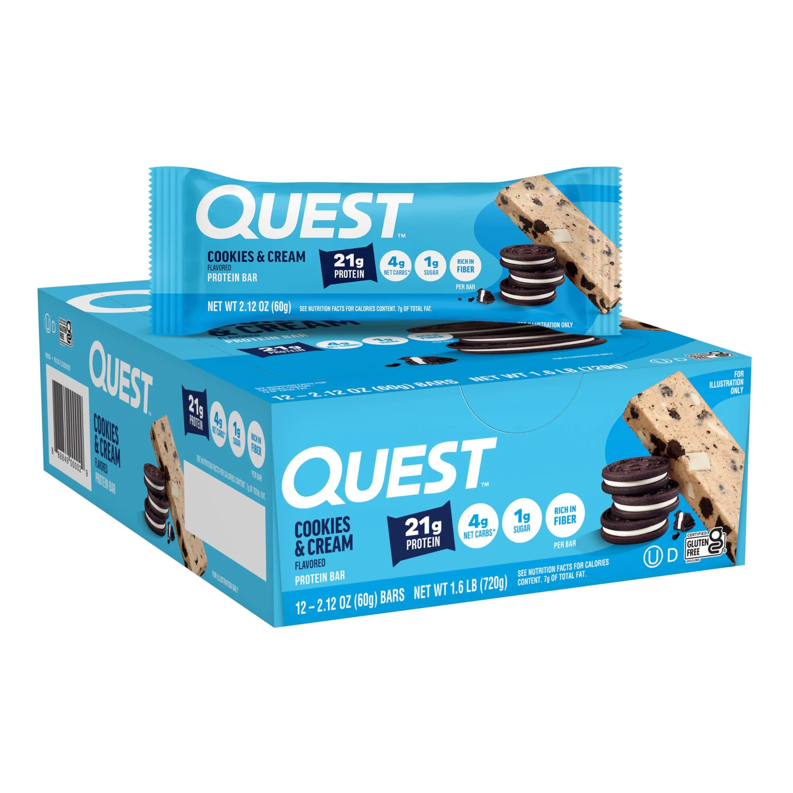 Quest Cookies & Cream Protein Bars 21g Protein 1g Sugar 12 Count | High Fiber Gluten Free Nutrition Bar - main product image