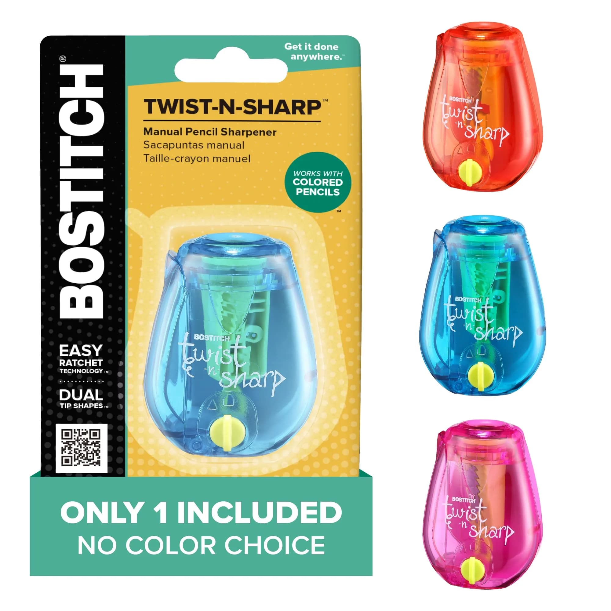 Bostitch Office Twist-n-Sharp Manual Pencil Sharpener, 1 Pack, Assorted Color | Ratchet Technology for Perfect Points - main product image