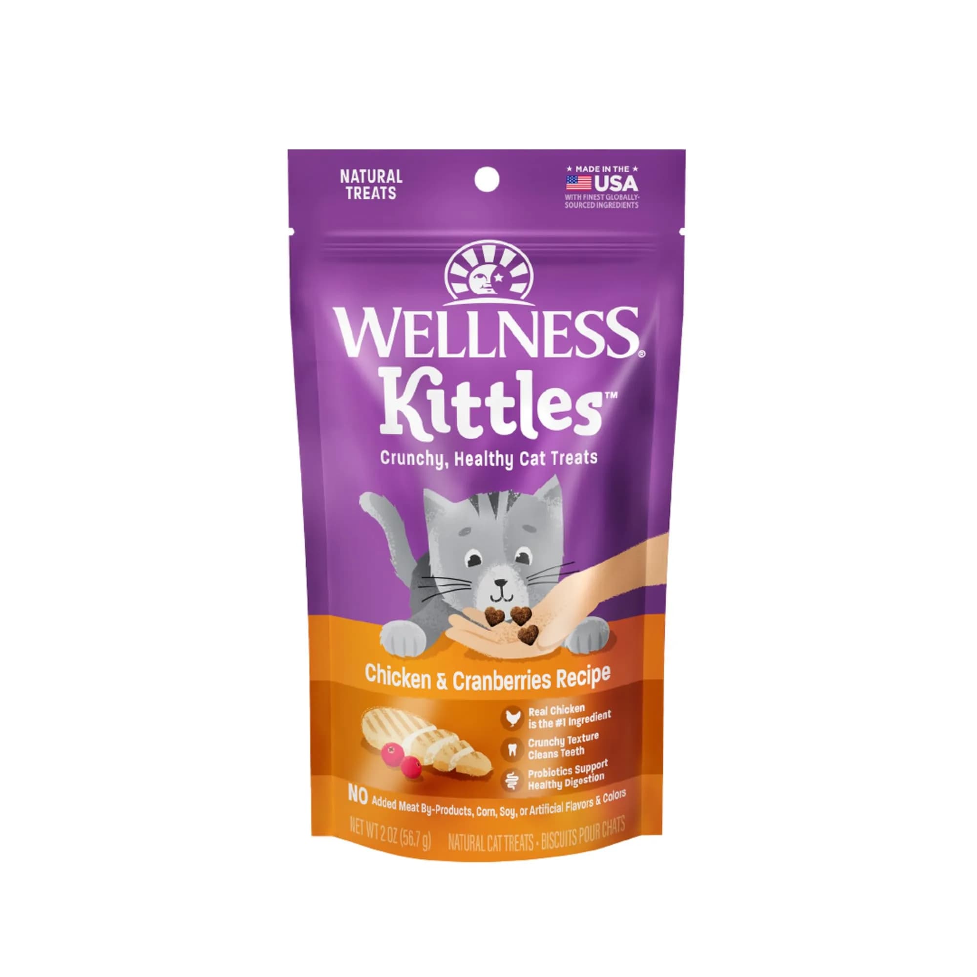 Wellness Kittles Crunchy Cat Treats, Chicken & Cranberry Flavor, 2 oz Bag | Grain-Free Dental Care for All Lifestages - main product image