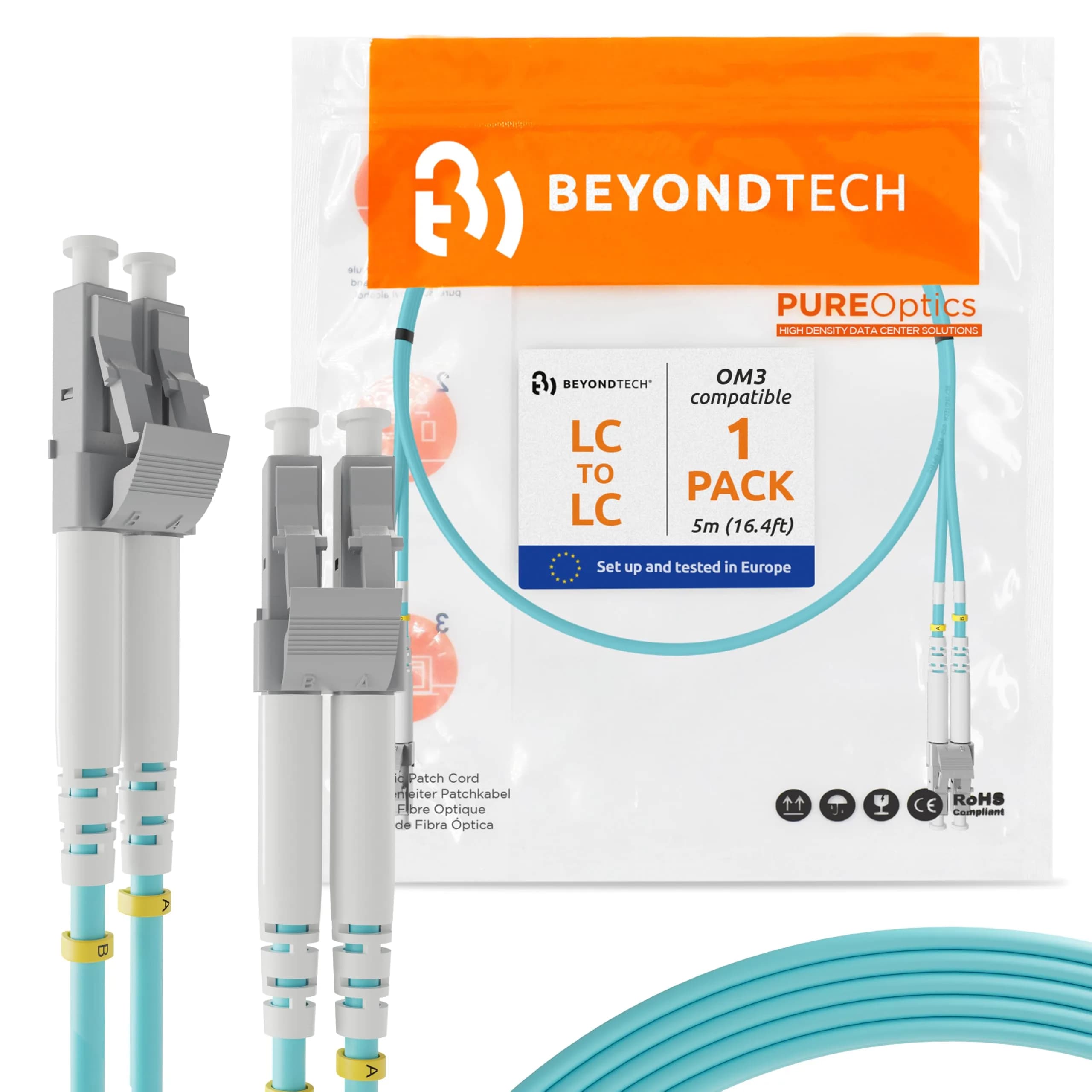 BEYONDTECH 5m (16.4ft) LC to LC Fiber Patch Cable – 10G OM3 Duplex, LSZH Jacket, Compatible with Fiber Networks
