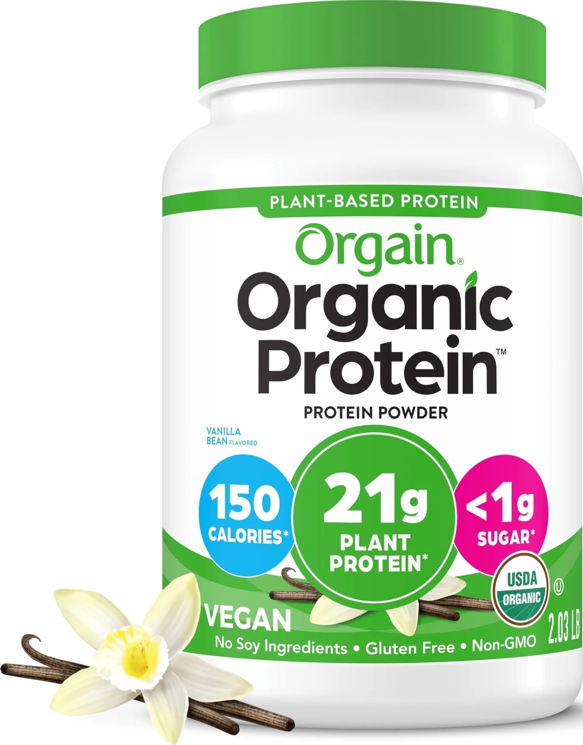 Orgain Organic Vegan 21g Protein Powder Vanilla Bean 0.91 kg (2.03 lb) | USDA Organic Plant-Based Protein for Muscle Recovery - main product image