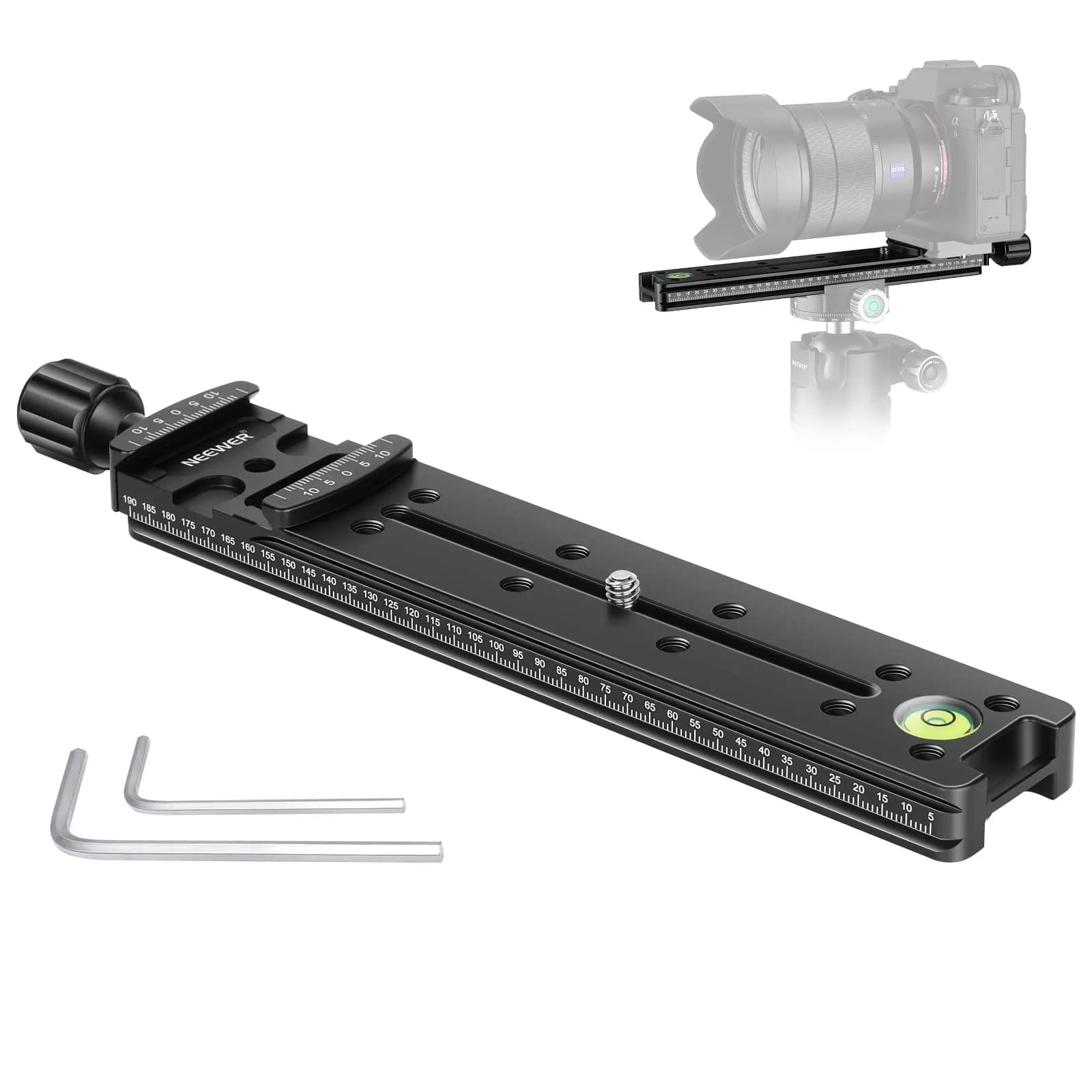 Neewer 200mm Professional Rail Nodal Slide Metal Quick Release Clamp for Camera | Precision Laser Engraved Scale & Spirit Level - main product image