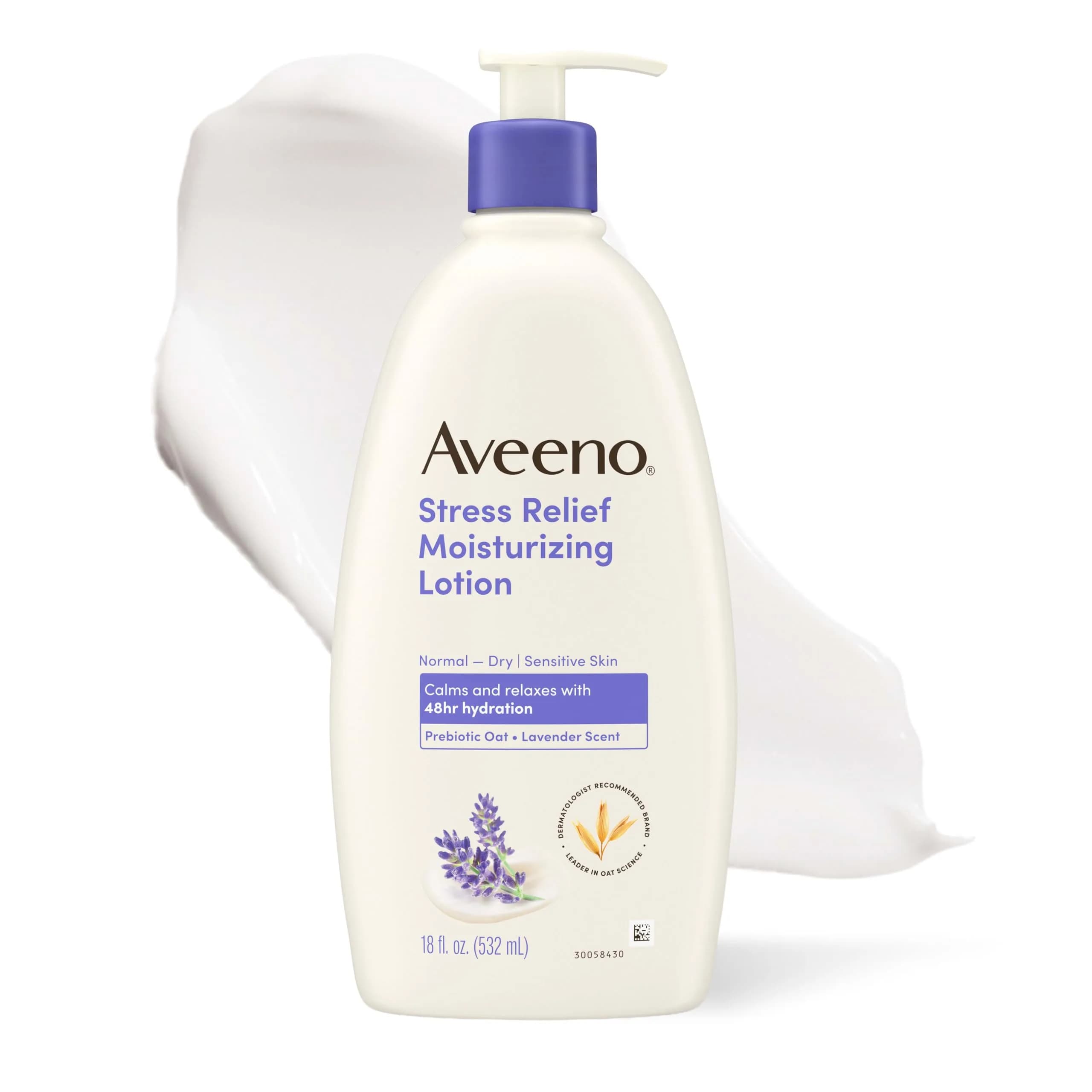 Aveeno Stress Relief Moisturizing Body Lotion, Lavender Scent with Prebiotic Oat, 532ml (18 Fl Oz Pack of 3) | 48-Hour Hydration for Sensitive Skin - main product image