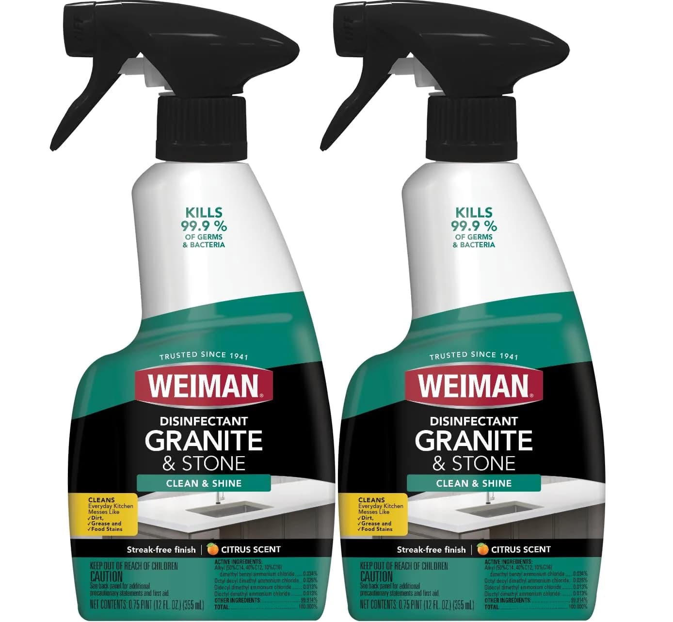 Weiman Disinfectant Granite & Stone Daily Clean & Shine - 12 fl oz (2 Pack) | Disinfects & Revitalizes Sealed Surfaces