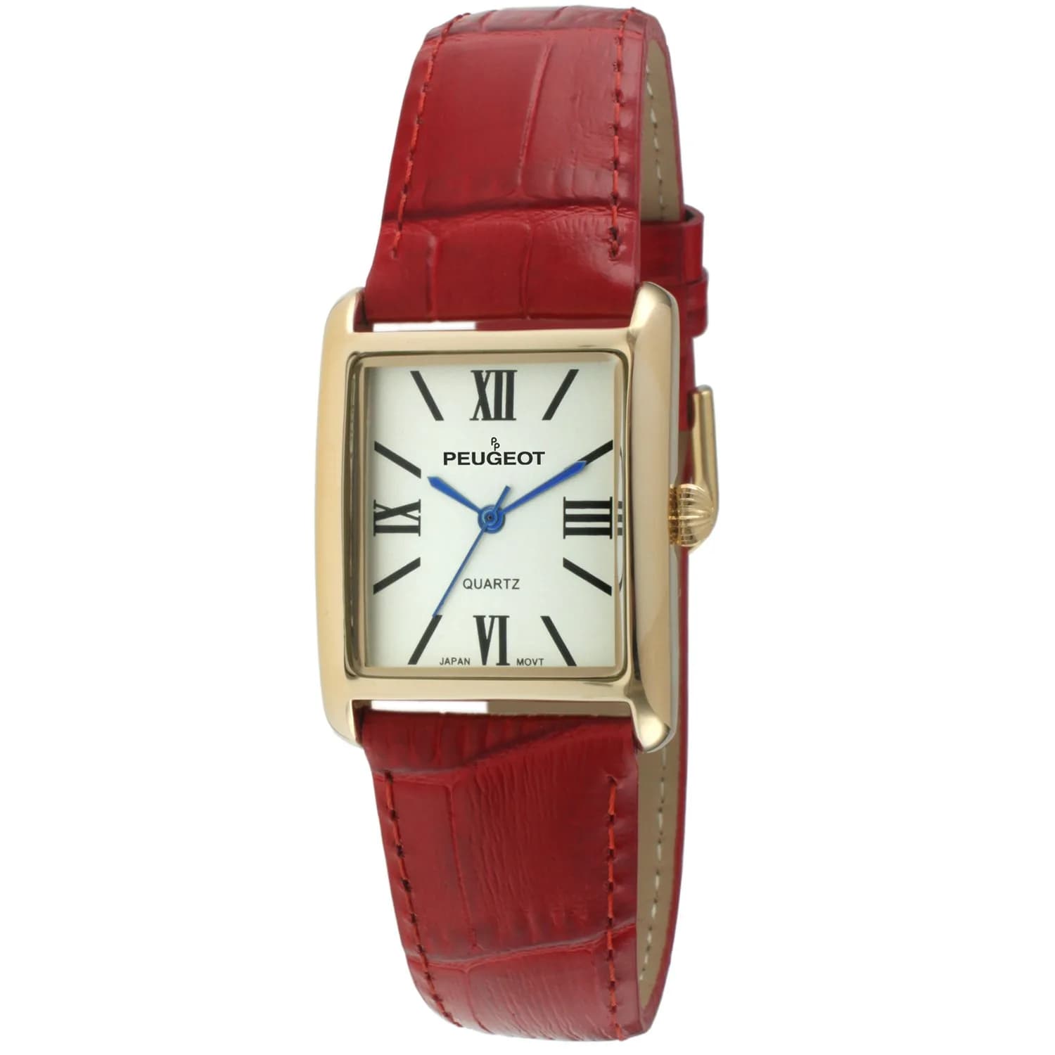 Peugeot Women's Tank Leather Dress Watch Roman Numeral Dial Blue Hands | Elegant Gold Plated