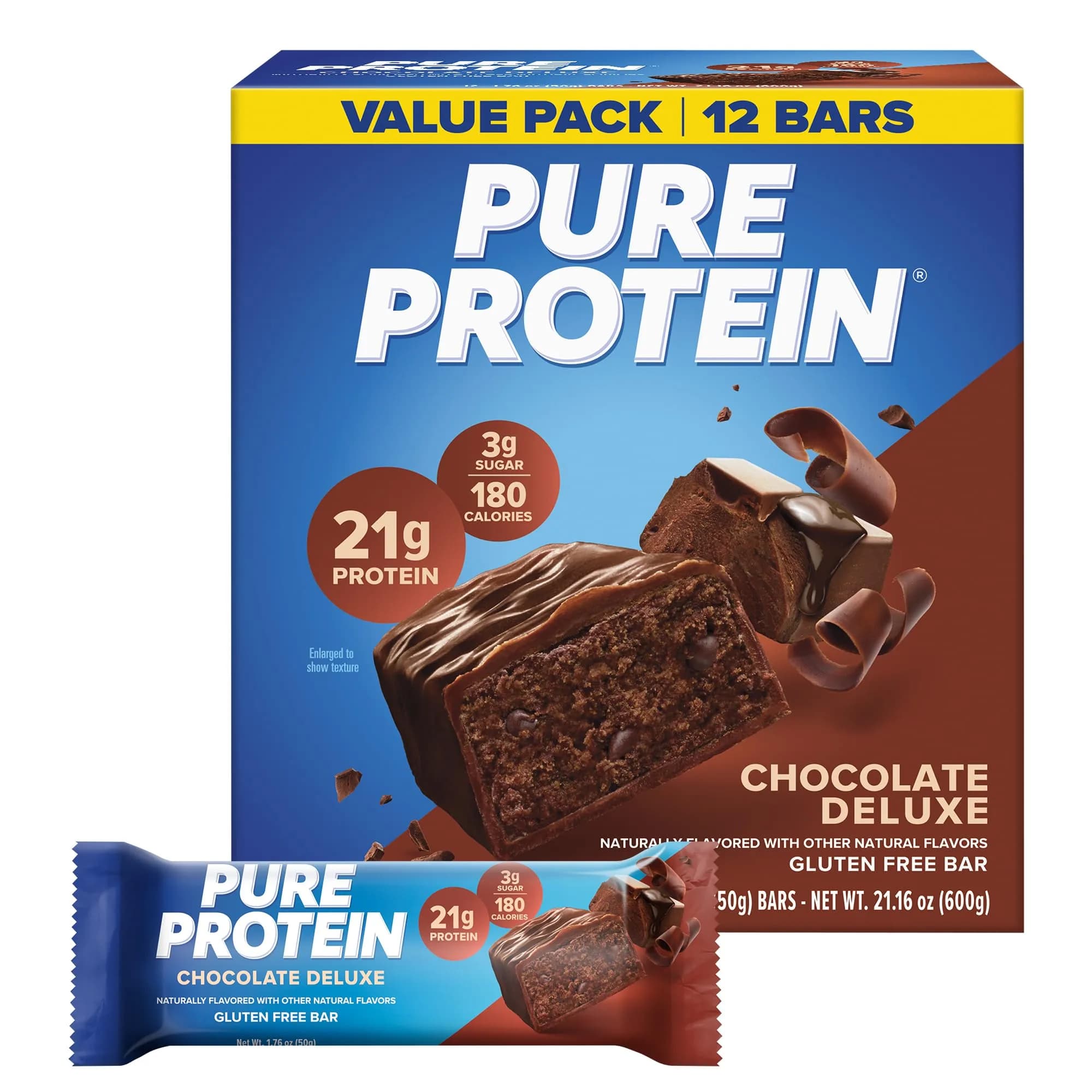 Pure Protein Chocolate Deluxe Protein Bars 21g Protein 12 Count | Gluten Free Snack for Fitness Goals - main product image