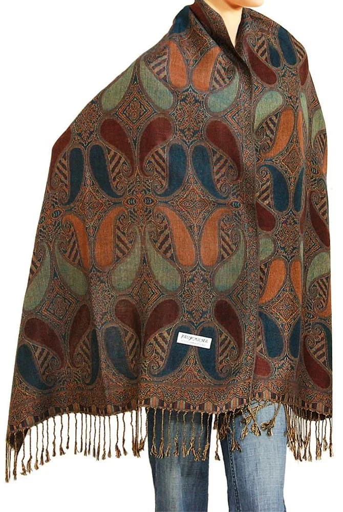 Falari Women's Woven Pashmina Shawl Wrap Scarf 80" x 27" Brown Navy | Elegant & Warm