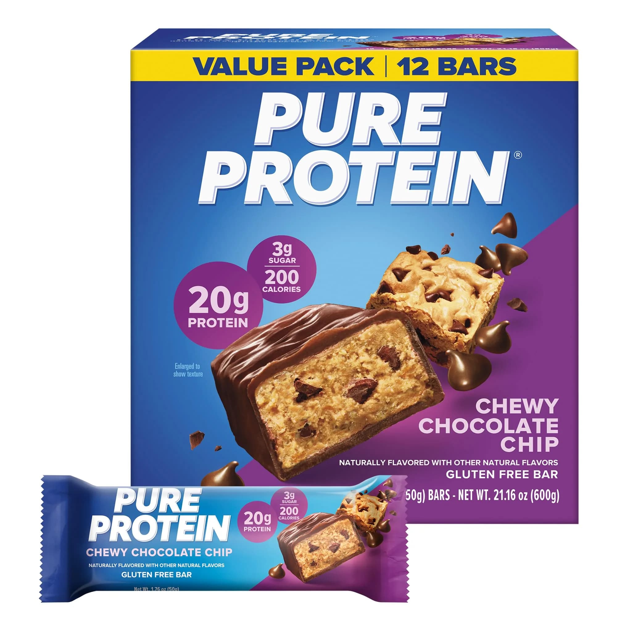 Pure Protein Chewy Chocolate Chip Protein Bars (12 Count) | 20g Protein Snack for Indian Fitness Goals - main product image