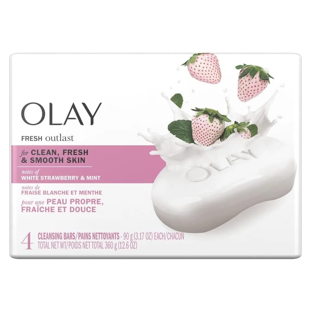 Olay Fresh Outlast Cooling White Strawberry & Mint Bar Soap 4-Pack | Hydrates Skin with 10x More Moisturizers - main product image