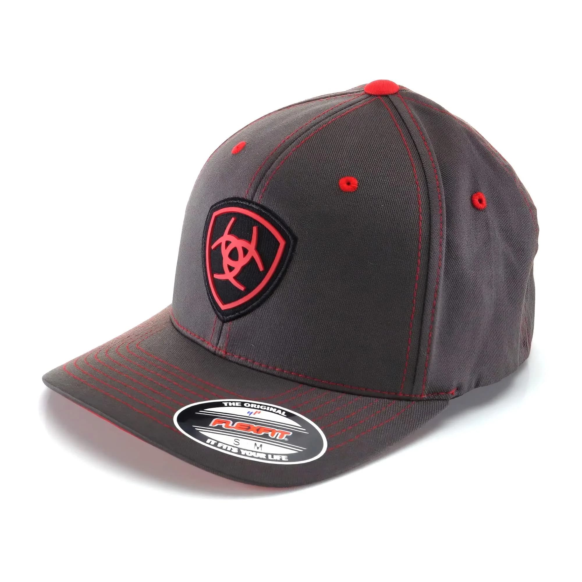 ARIAT Men's Flexfit Cap, Embroidered Shield Logo, Gray/Red, Small-Medium | Casual Fitted Baseball Cap with Embroidery