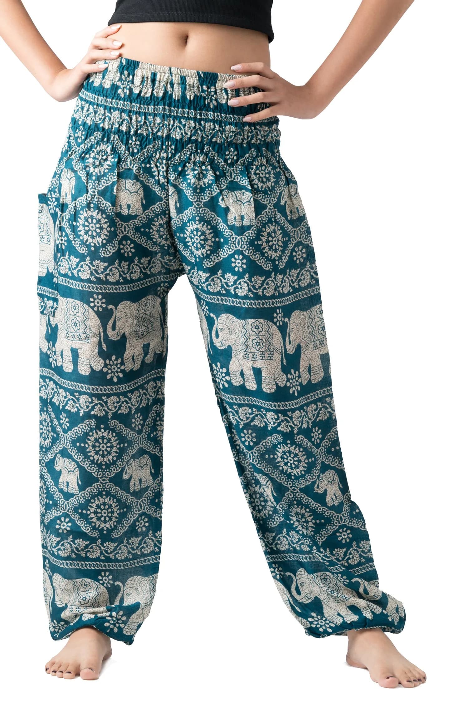 B BANGKOK PANTS Boho Harem Pants Women (One Size, Green Elephant) | Lightweight Rayon, Bohemian Style, Versatile for Beach & Festival