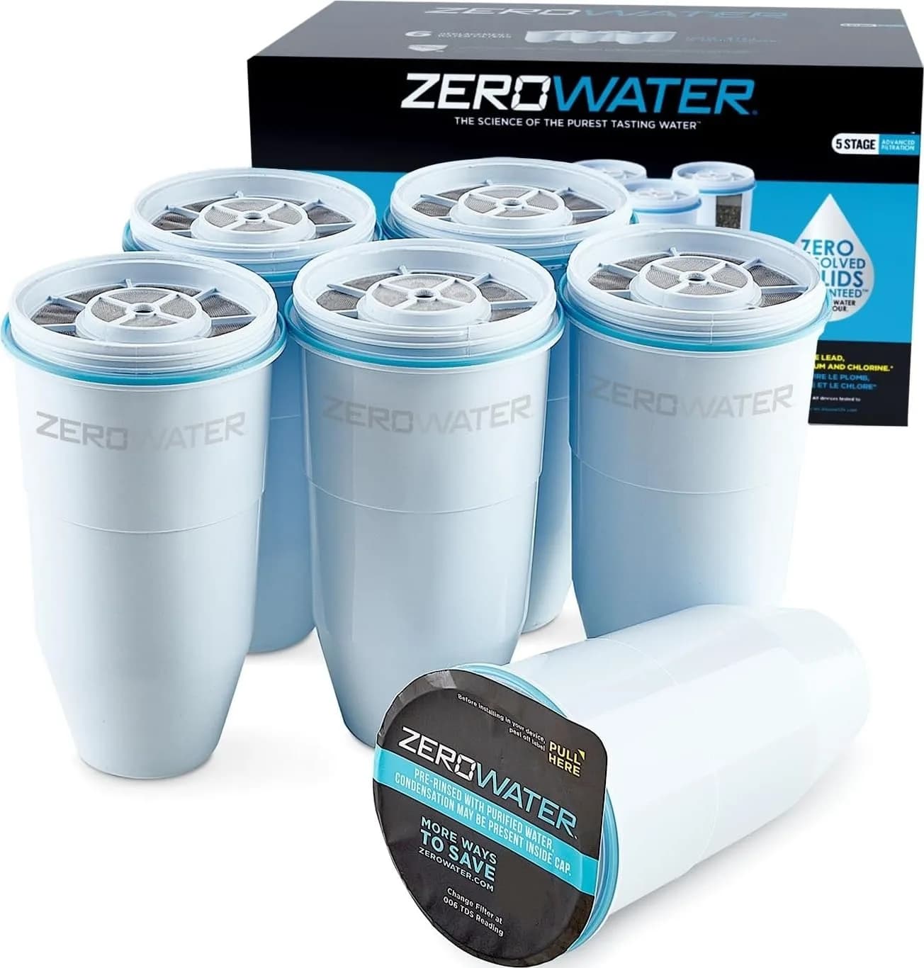 ZeroWater Replacement Water Filter 6-Pack | IAPMO Certified to Reduce Lead, PFOA/PFOS, Mercury - main product image