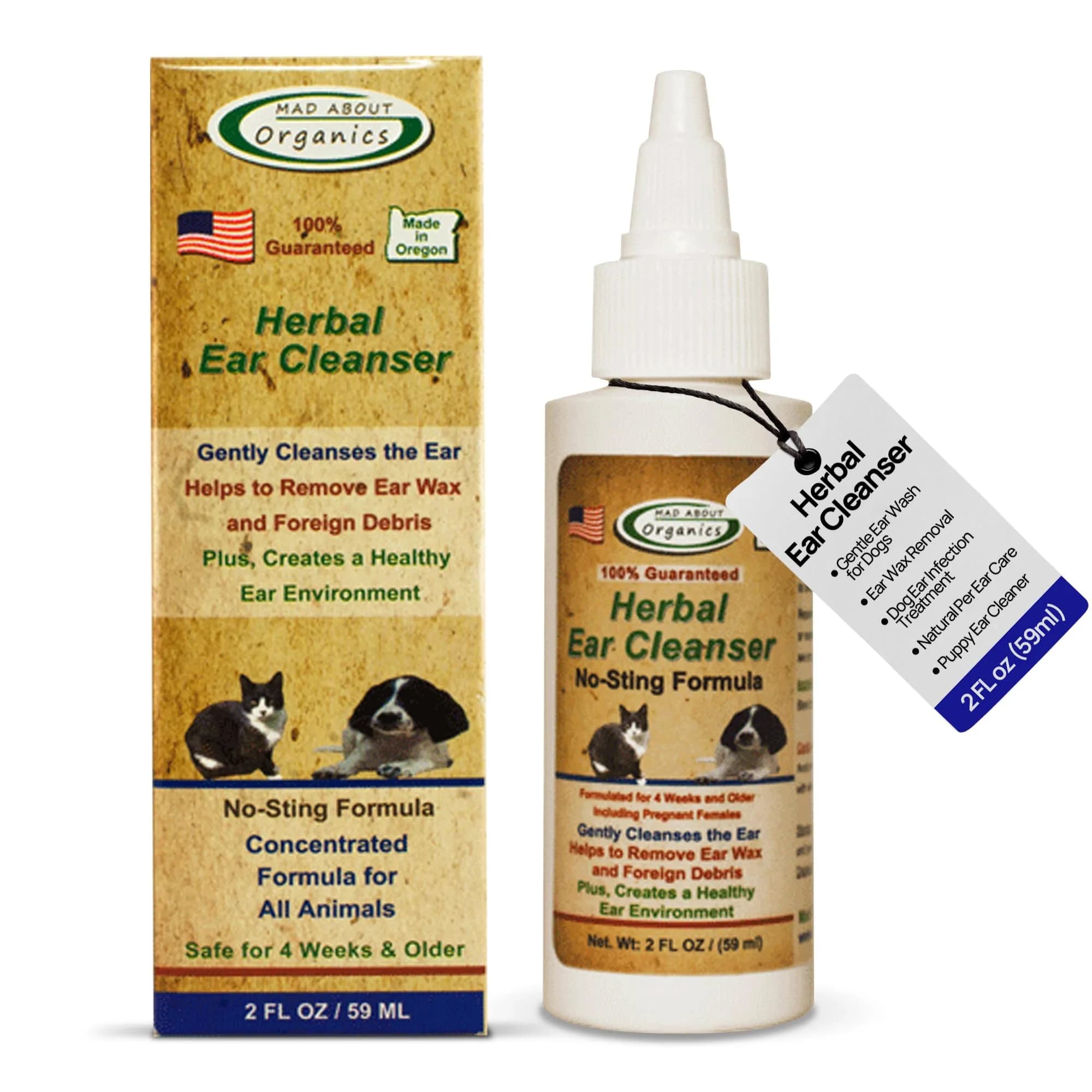 Mad About Organics Herbal Ear Cleanser for Dogs & Cats 2oz | No-Sting Herbal Ear Wash Supports Ear Health