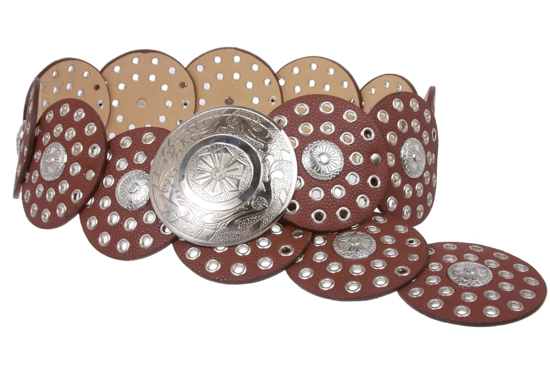 Beltiscool Women's 3 1/2" (90 mm) Wide Boho Disc Concho Leather Belt, Tan | Stylish Cowgirl Accessory