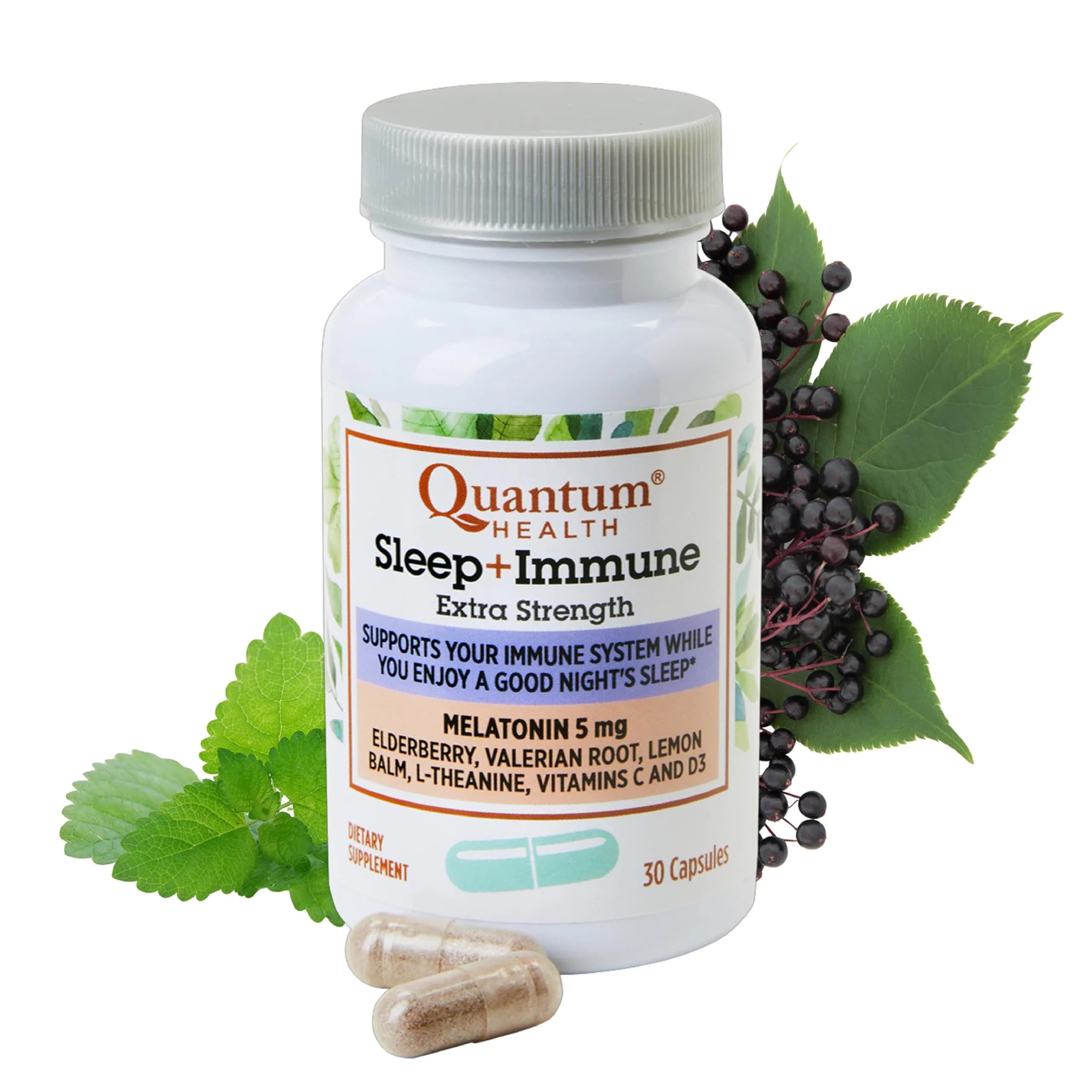 Quantum Sleep Immune Melatonin 5mg Herbal Sleep Aid | Supports Rest & Immunity, 30 Capsules - main product image