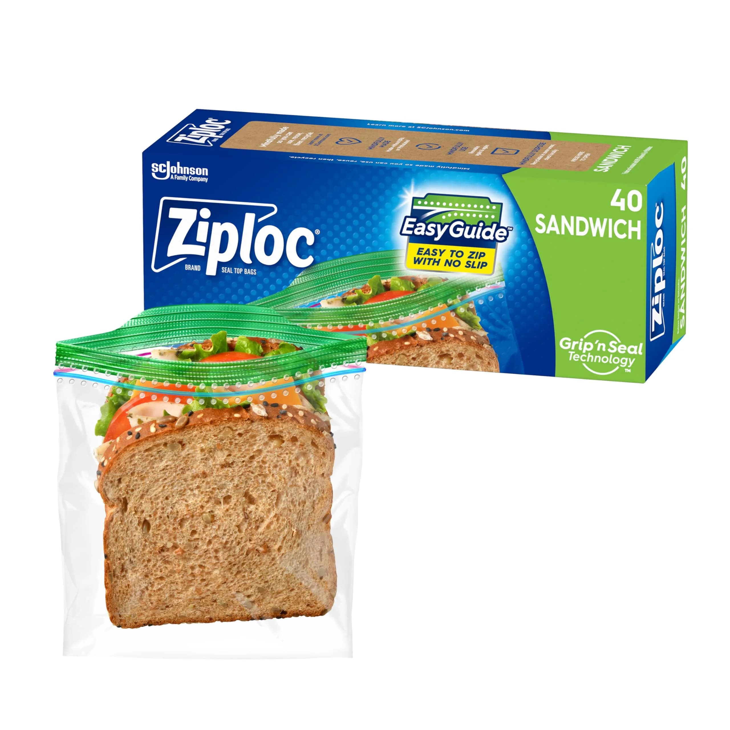 Ziploc Sandwich and Snack Bags with EasyGuide Texture, 40 Count (Pack of 1) | Grip 'n Seal Technology - main product image
