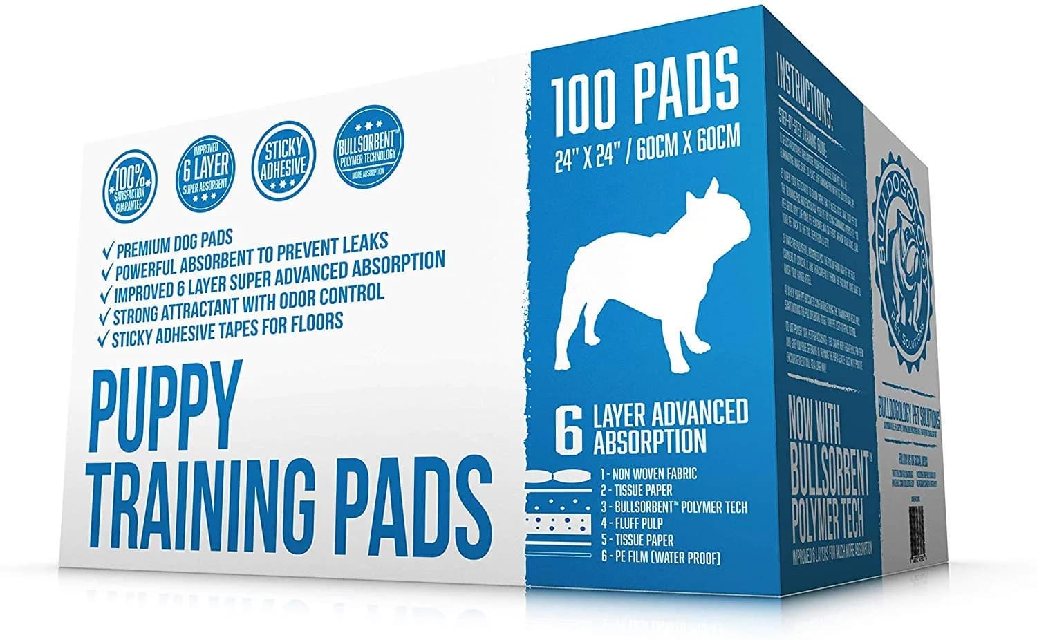 Bulldogology Puppy Training Pads - 100-Count Large Leak-Proof Pee Pads with 6 Layers & Quick Dry Polymer (24x24 inches)