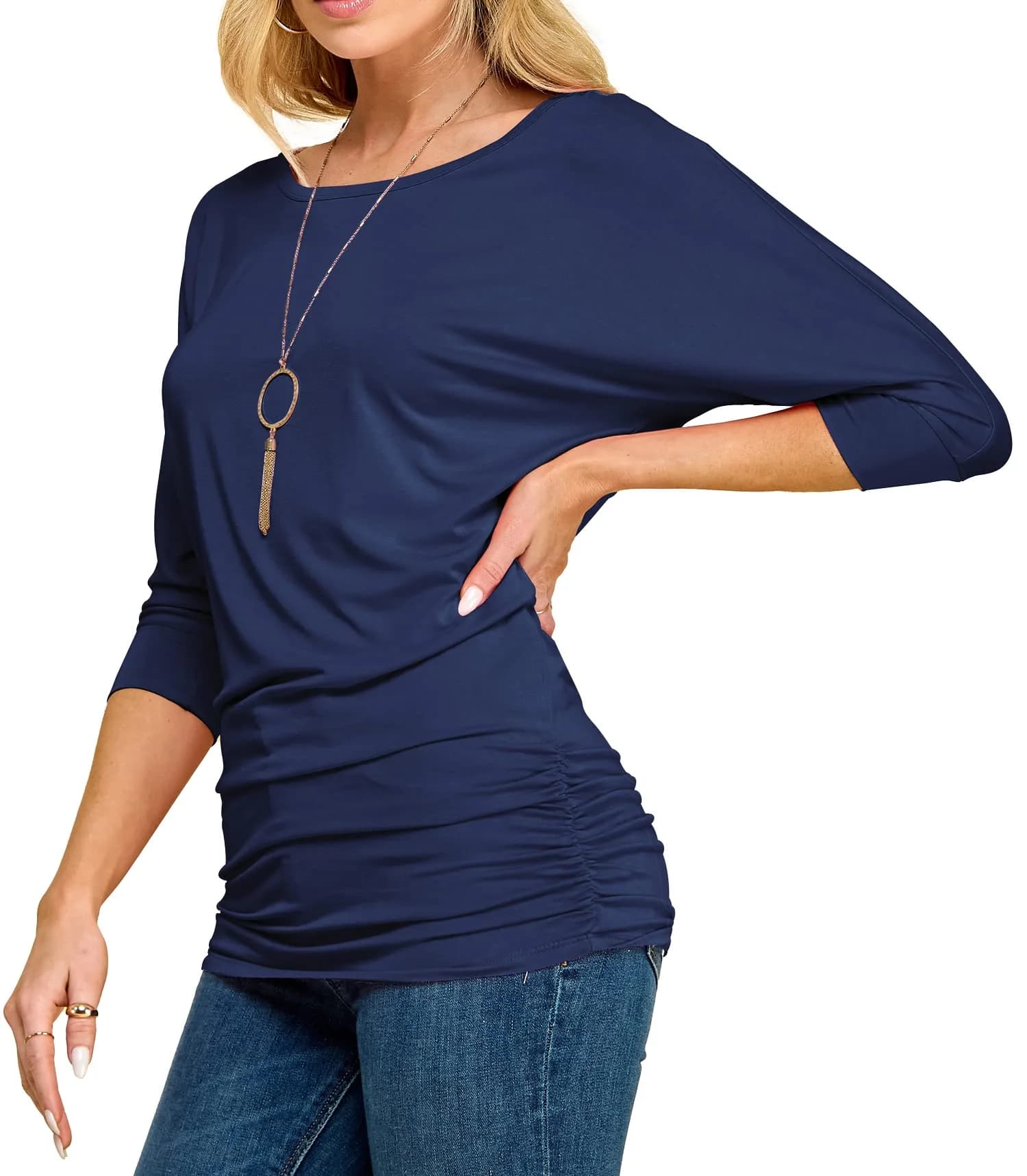 Made By Johnny Women's 3/4 Sleeve Dolman Top | Casual Loose Fit Tunic, Boat Neck, Side Shirring, Soft Stretch Navy
