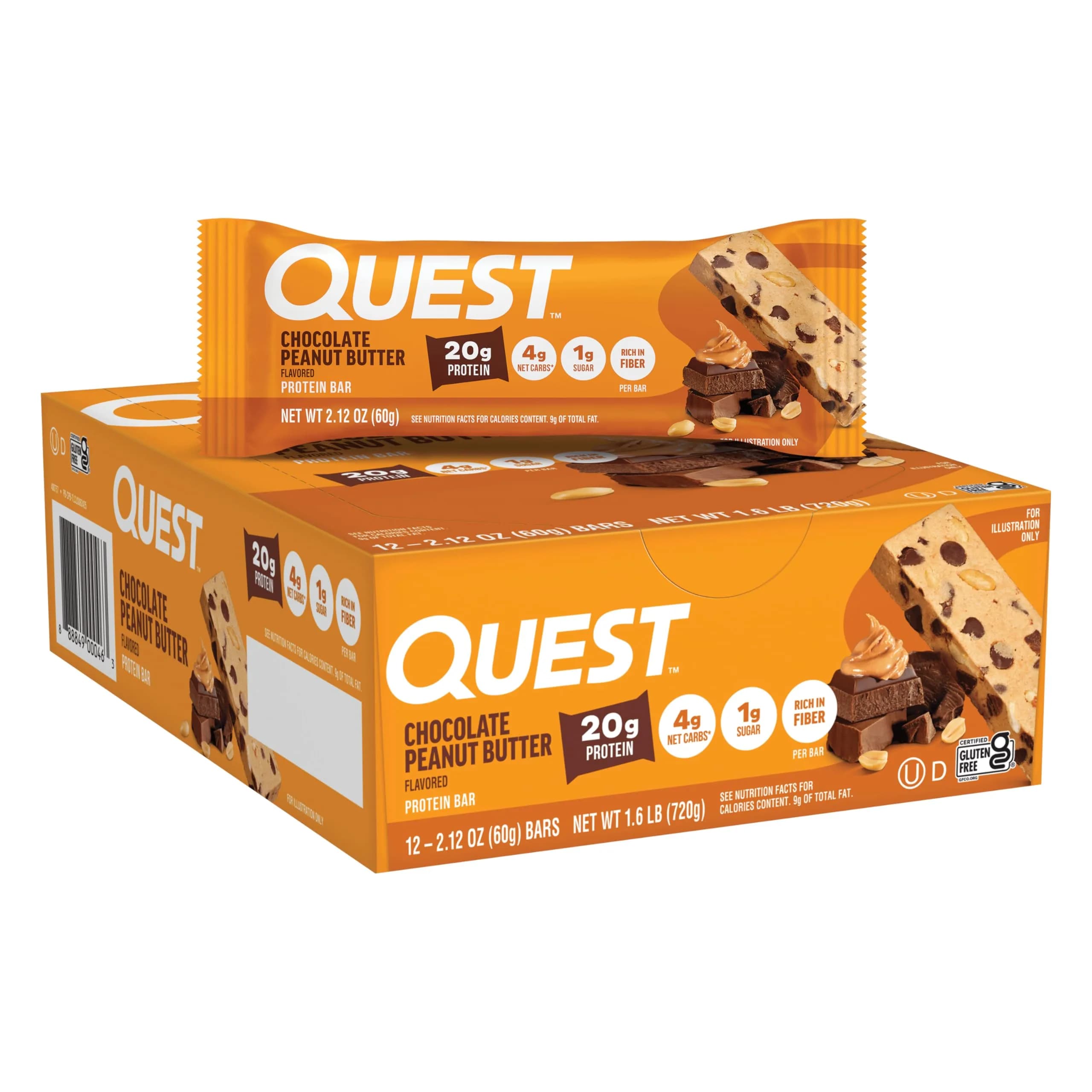 Quest Chocolate Peanut Butter Protein Bars 20g Protein, 1g Sugar, 4g Net Carb, Gluten Free, Keto Friendly (12 Count) - main product image