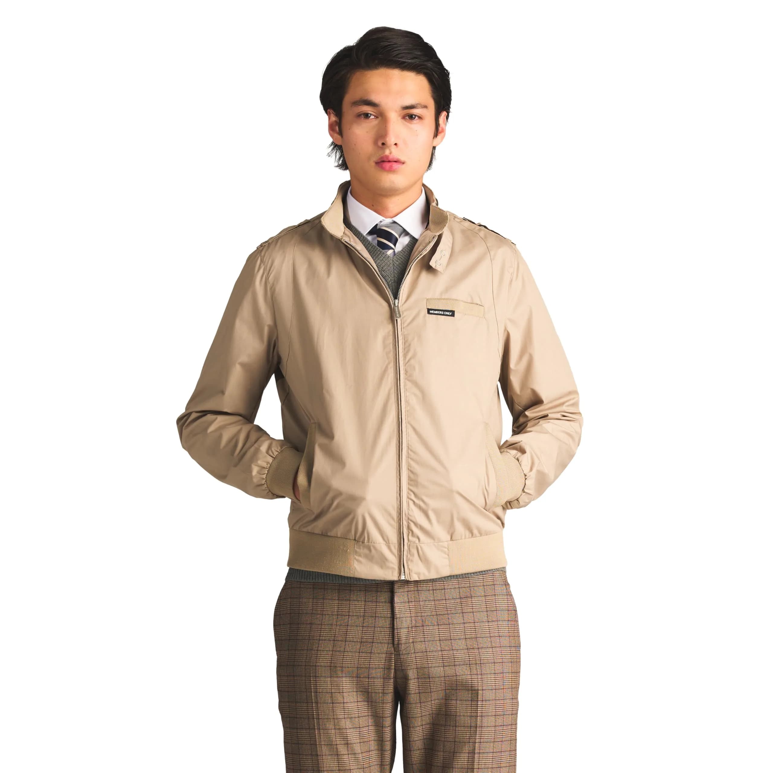 Members Only Classic Iconic Racer Jacket Khaki Large | Water-Resistant Slim Fit