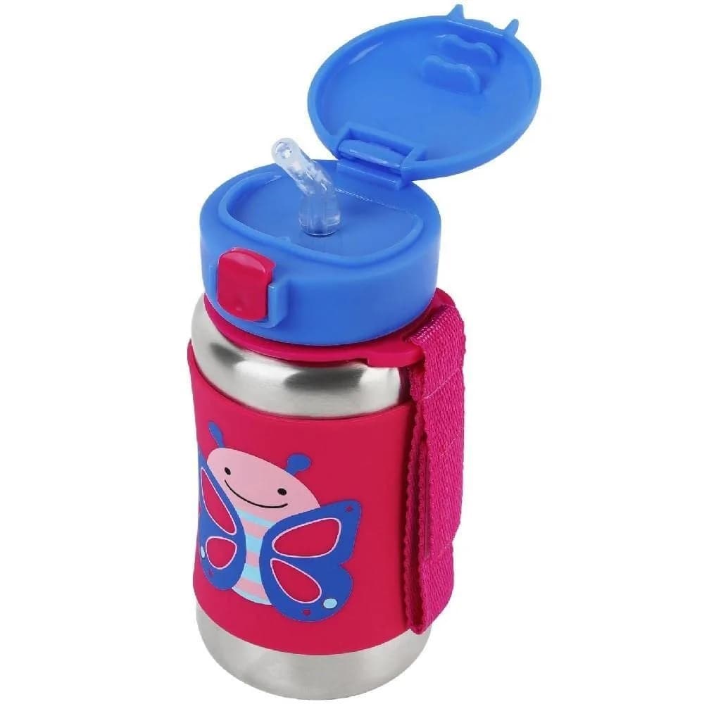Skip Hop Zoo Stainless Steel Straw Bottle Butterfly 350ml (12 oz) | Spill-Proof Toddler Cup with Grab Strap - main product image