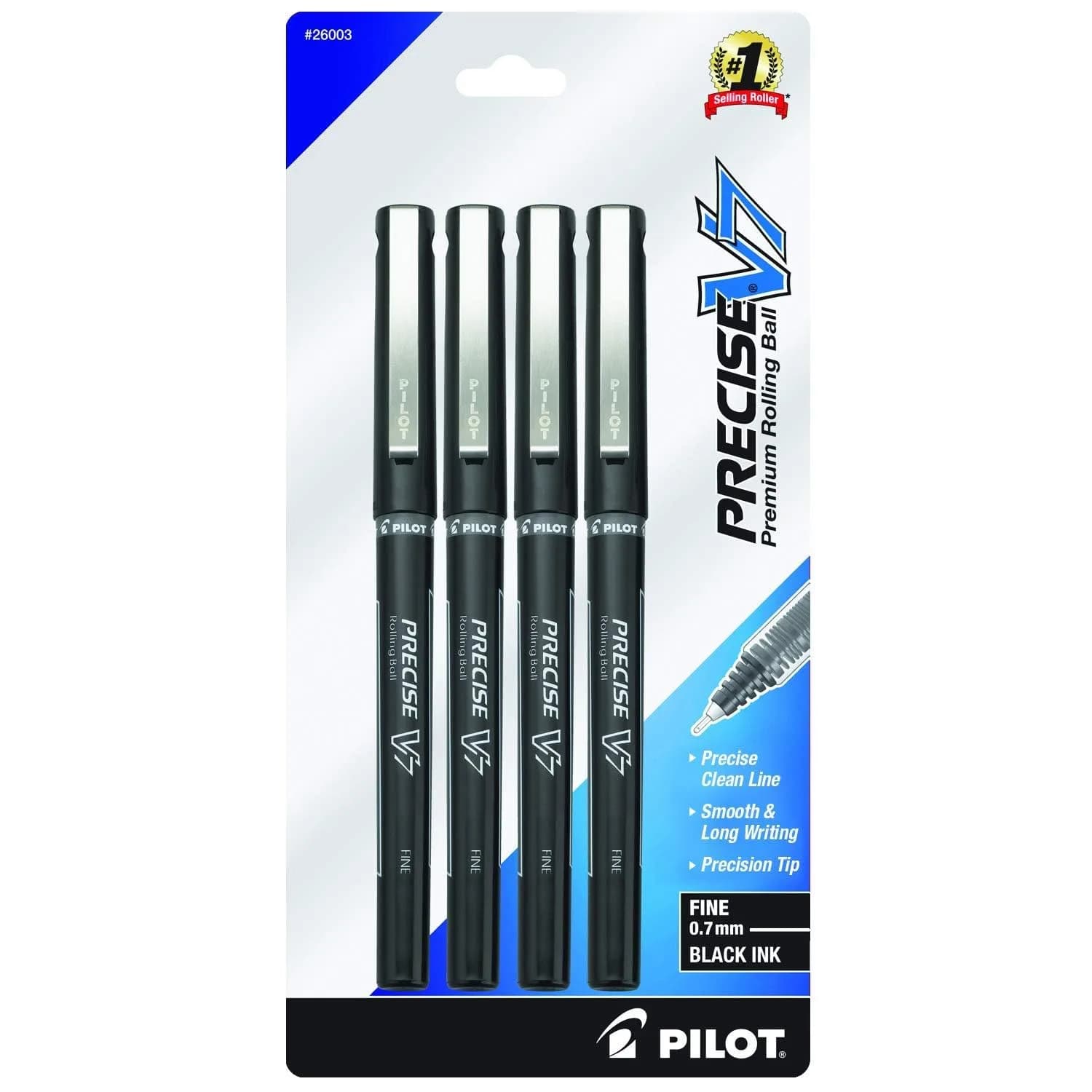 Pilot Precise V7 Fine Point 0.7 mm Black Ink Pens | Smooth Liquid Ink, Precise Lines, Pack of 4 - main product image