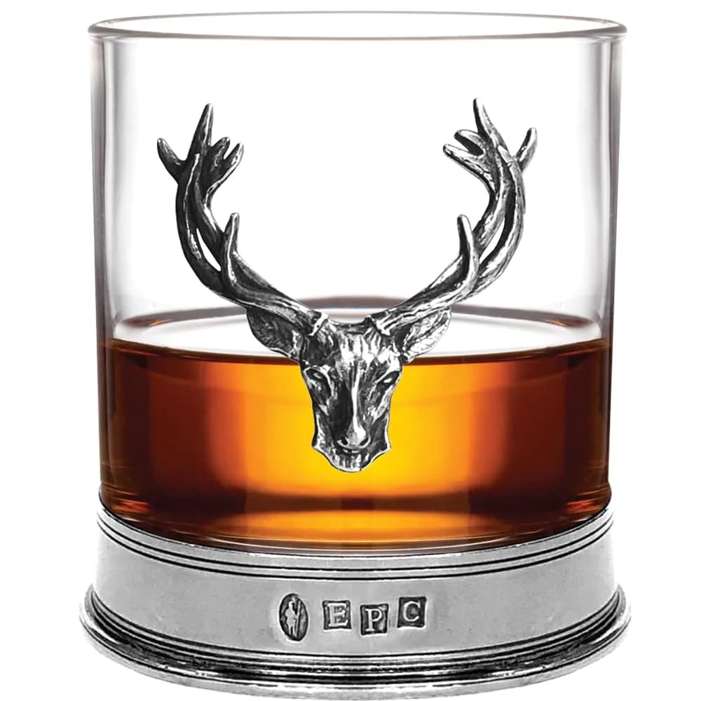 English Pewter Company 11oz Old Fashioned Whisky Rocks Glass with Stag Deer Head Pewter Base